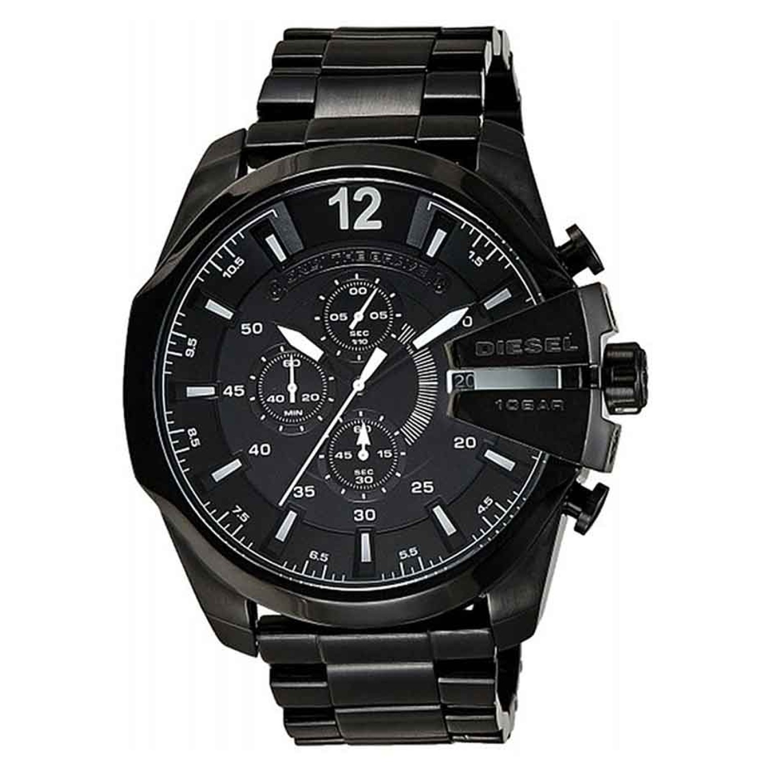 DZ4283 Diesel Master Chief Chronograph Watch. This eye catching design is part of the Mega Chief collection from Diesel. This DZ4283  watch is made from black ion-plated steel and features a big 51mm case. The black dial features high-vis baton hour marke