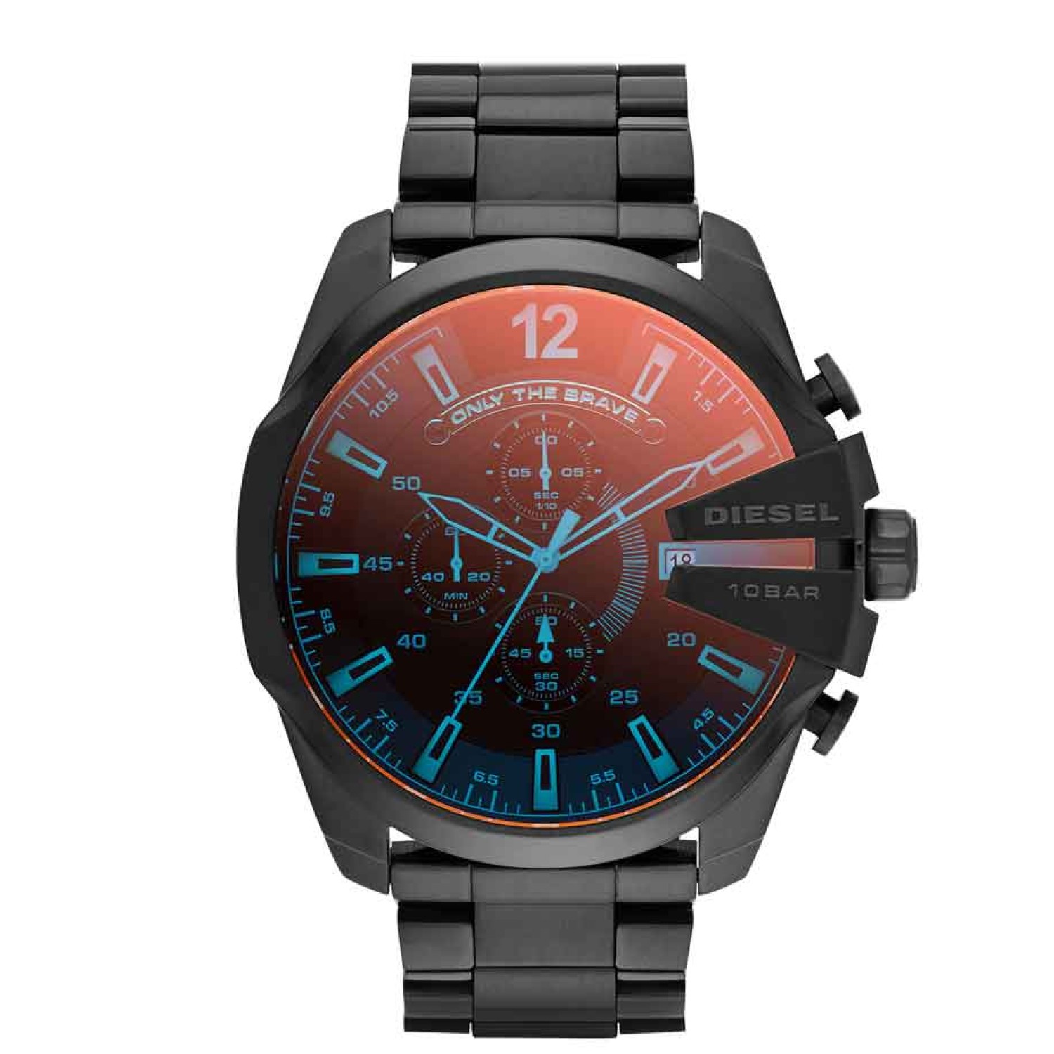 DZ4318 Diesel Master Chief Chronograph Watch. This oversized mens DZ4318  Diesel Mega Chief watch is made from black ion-plated steel and is powered by a chronograph quartz movement. It is fastened with a black metal bracelet and has a black dial. The wat