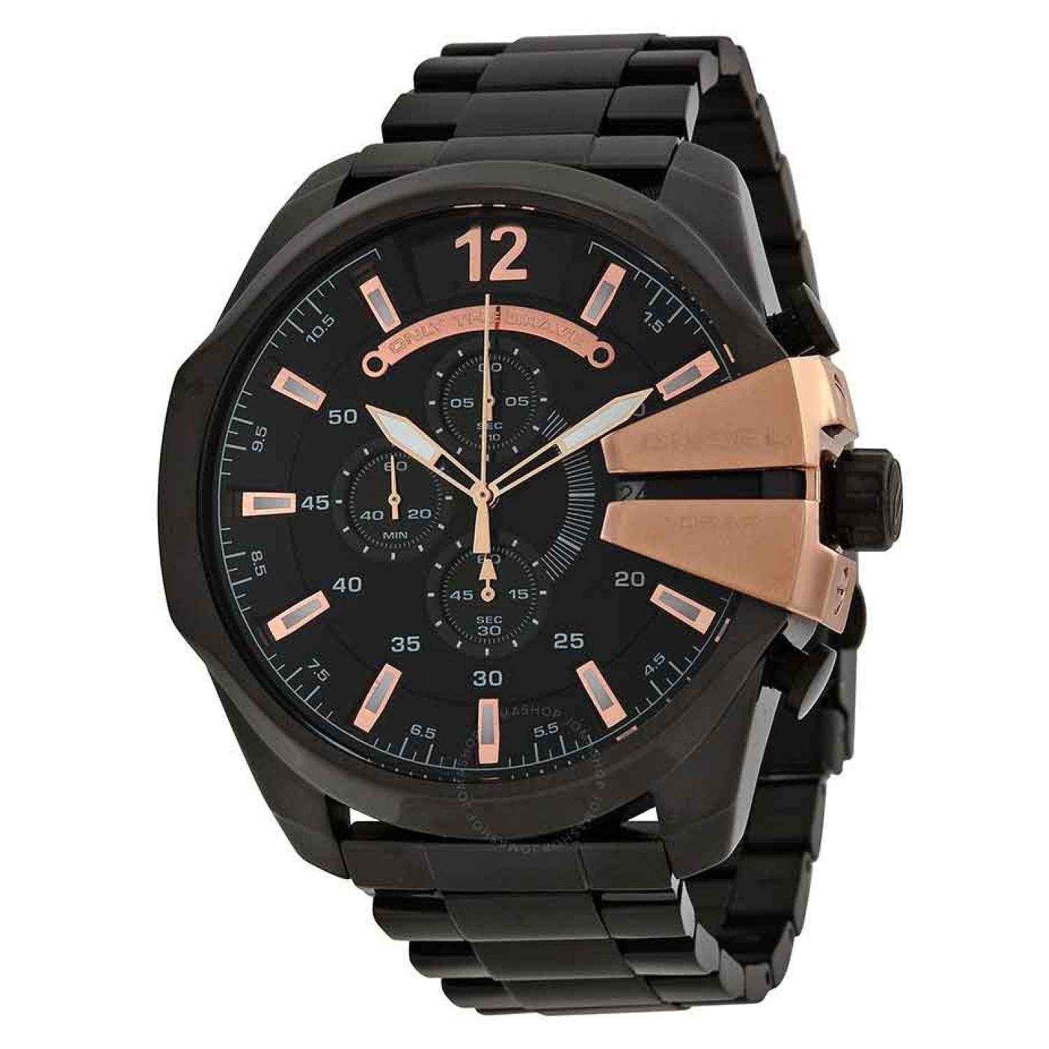DZ4309 Diesel Master Chief Chronograph Watch. This oversized mens Diesel Mega Chief watch is made from black ion-plated steel and is powered by a chronograph quartz movement. It is fastened with a black metal bracelet and has a black dial. The watch has a