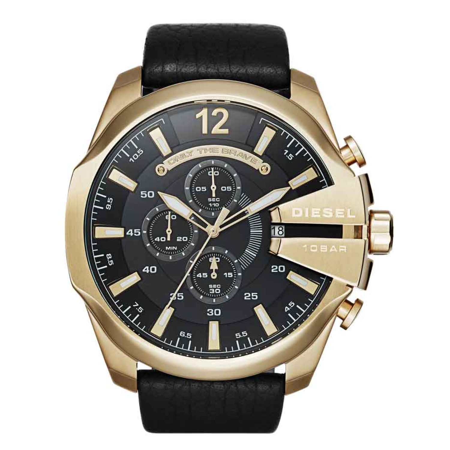 DZ4344 Diesel Master Chief Chronograph Watch. This oversized gents Diesel Mega Chief watch has a IP gold plated case and is fitted with an analogue chronograph quartz movement. It is fastened with a black leather strap and has a black dial. The watch has 