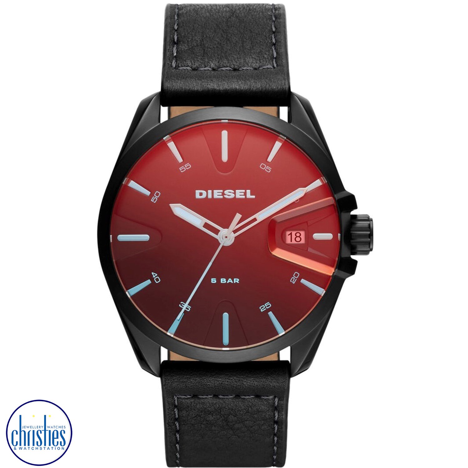 DZ1945 - MS9 Three-Hand Date Black Leather Watch. The Diesel DZ1945 is a sleek and sophisticated timepiece that combines classic design elements with modern functionality.