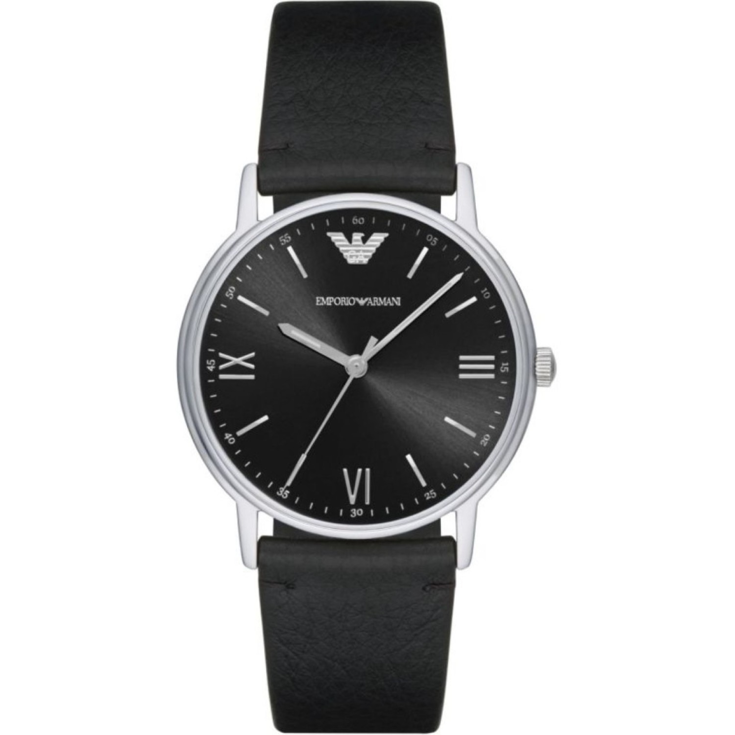 AR11013 Emporio Armani Mens Watch. Sleek and refined, this mens Emporio Armani watch gleams with a black sunray dial, stainless-steel case, and matte black leather strap3 Months No Payments and Interest for Q Card holders OXIPAY - Have it now and pay ove 