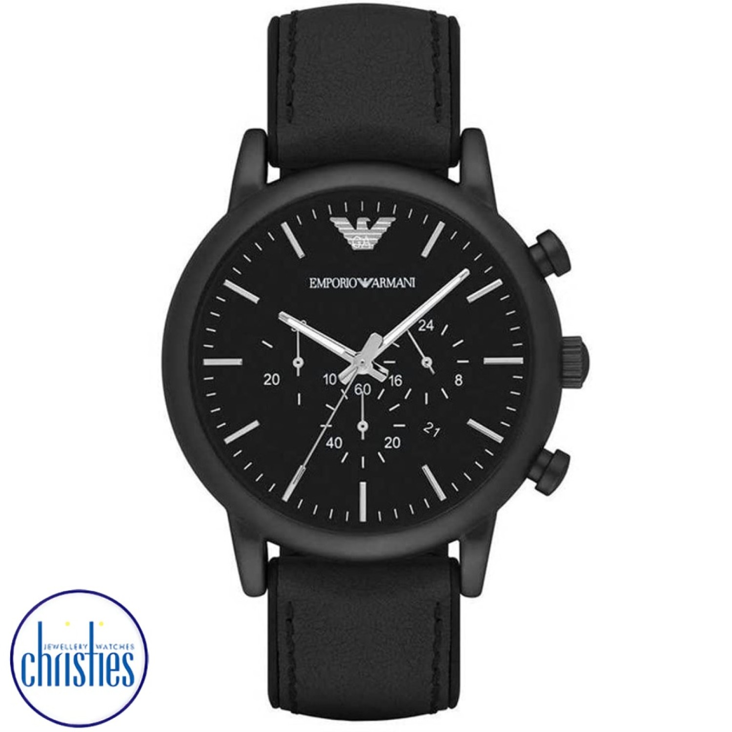 AR1970 Emporio Armani Mens Chronograph Watch. This sporty Emporio Armani watch features a matte black chronograph dial, matte black IP case and silicone-backed black leather strap.3 Months No Payments and Interest for Q Card holders OXIPAY - Have it now a