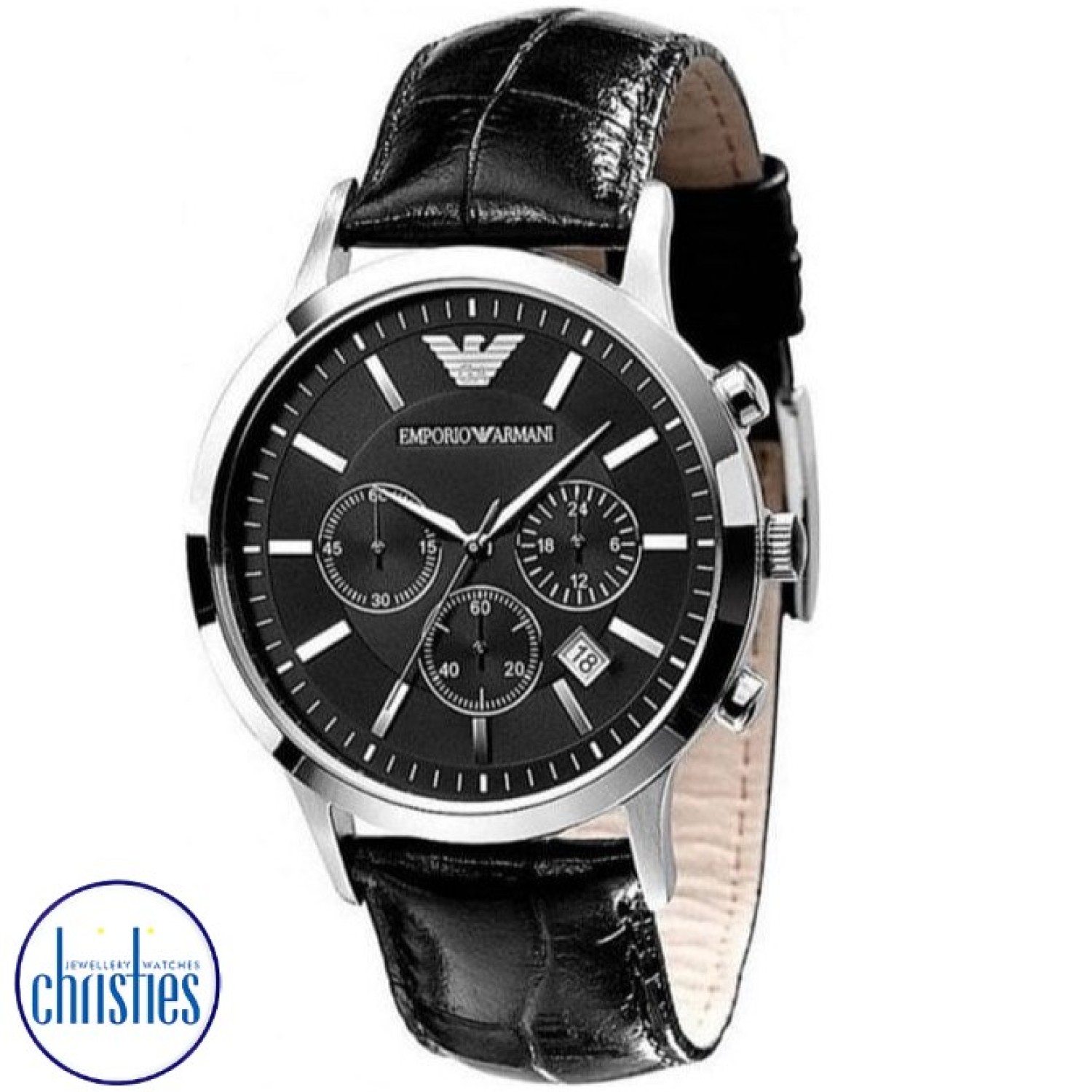 AR2447 Emporio Armani Mens Chronograph Watch. The  AR2447 Mens Emporio Armani watch has a stainless steel case and clear  black dial with silver baton hour markers and other elegant silver touches. Also features chronograph, date function and powered by a