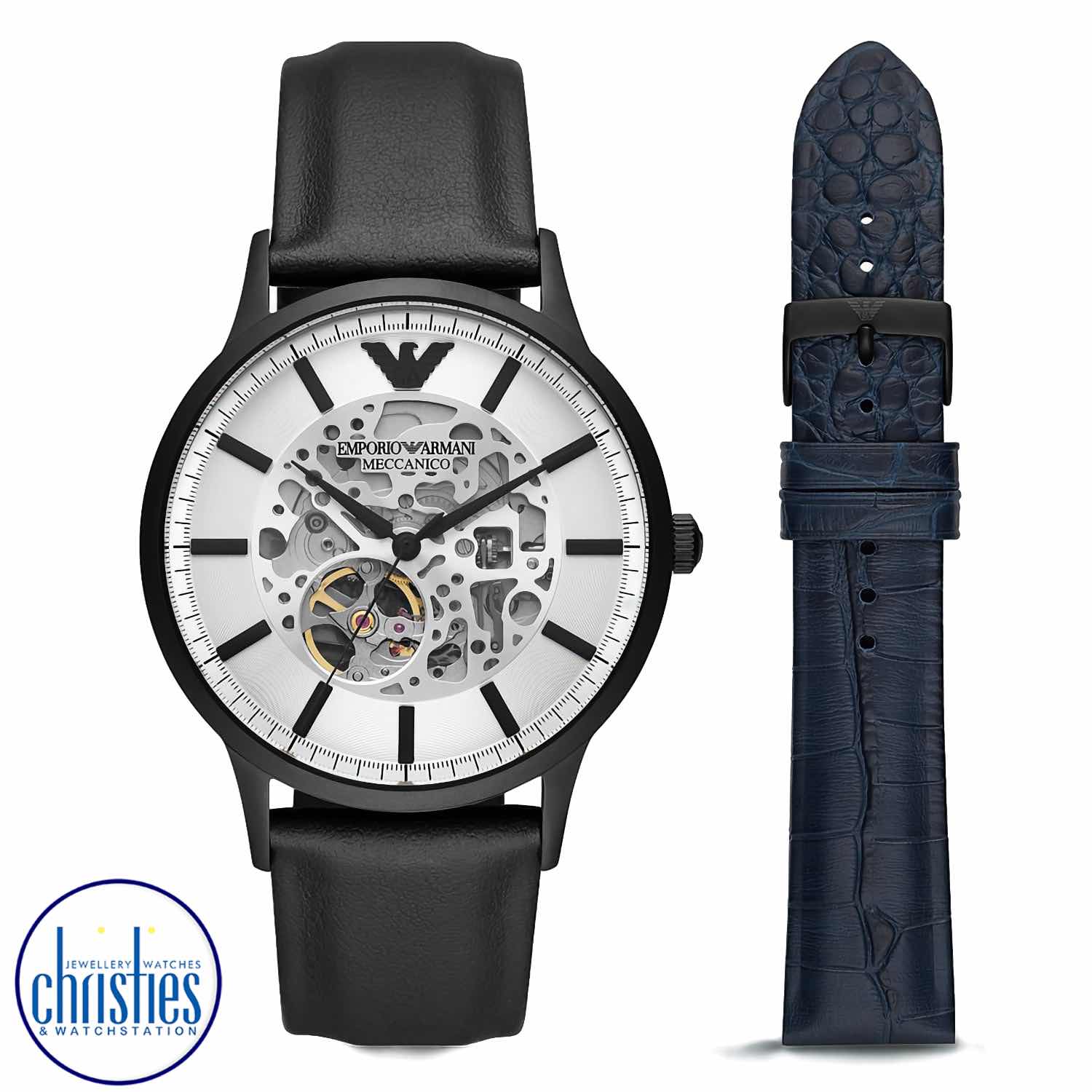 AR80060 Emporio Armani Automatic Three-Hand OBW Watch with Blue and Black Leather Interchangeable Strap Set. Armani Exchange is a sub-brand to Armani, focusing on the younger generation.