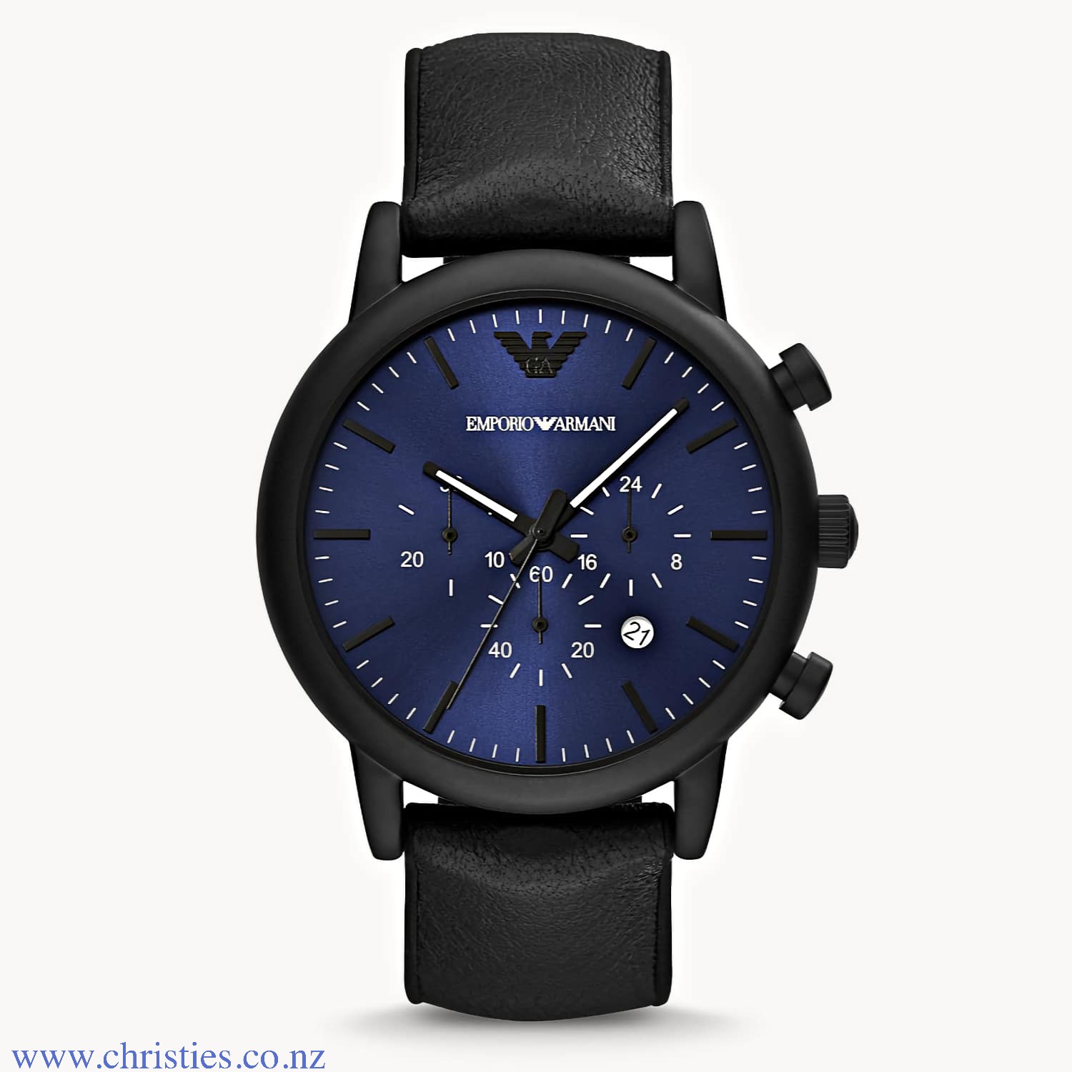 AR11351 Emporio Armani Chronograph Black Leather Luigi Watch. This 46mm Emporio Armani watch features a blue dial withblack stick indexes, chronograph movement and black leather strap LAYBUY - Pay it easy, in 6 weekly payments and have it now. Only pay th