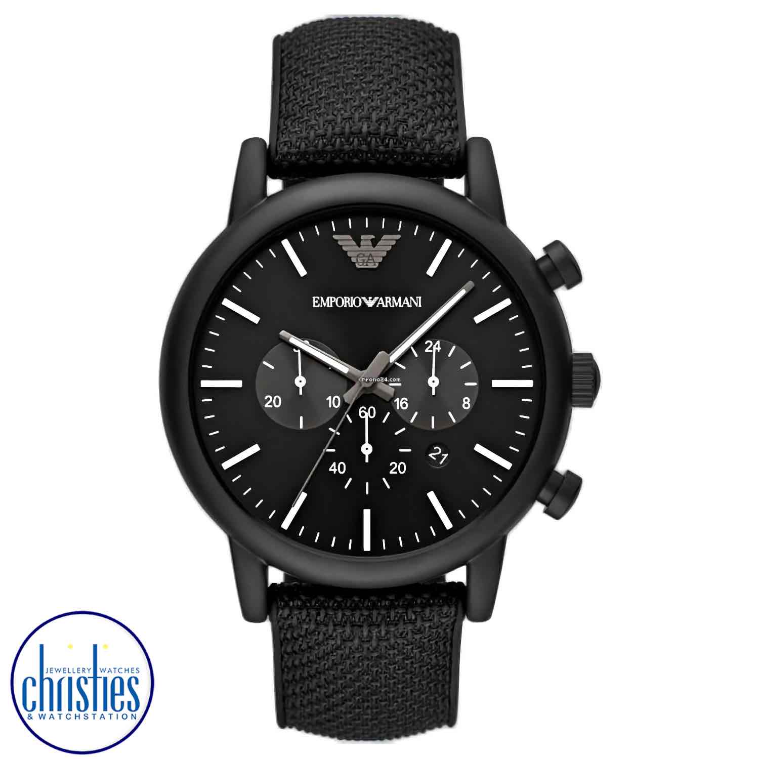AR11450  Emporio Armani Chronograph Black Silicone Backed Fabric Watch. Armani Exchange is a sub-brand to Armani, with focus on the younger generation.