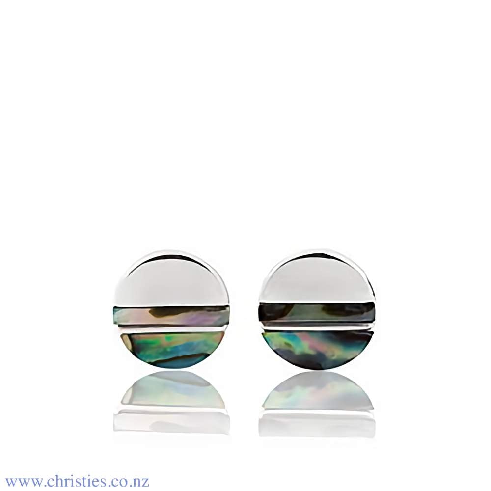 3E40014 Evolve Cherished Pāua Studs. Evolves Cherished Pāua Studs capture the sun setting on the horizon, reminding us to reﬂect and celebrate each day. Inlaid with New Zealand pāua shell, which Māori believe to be a treasured gift from the sea, this circ
