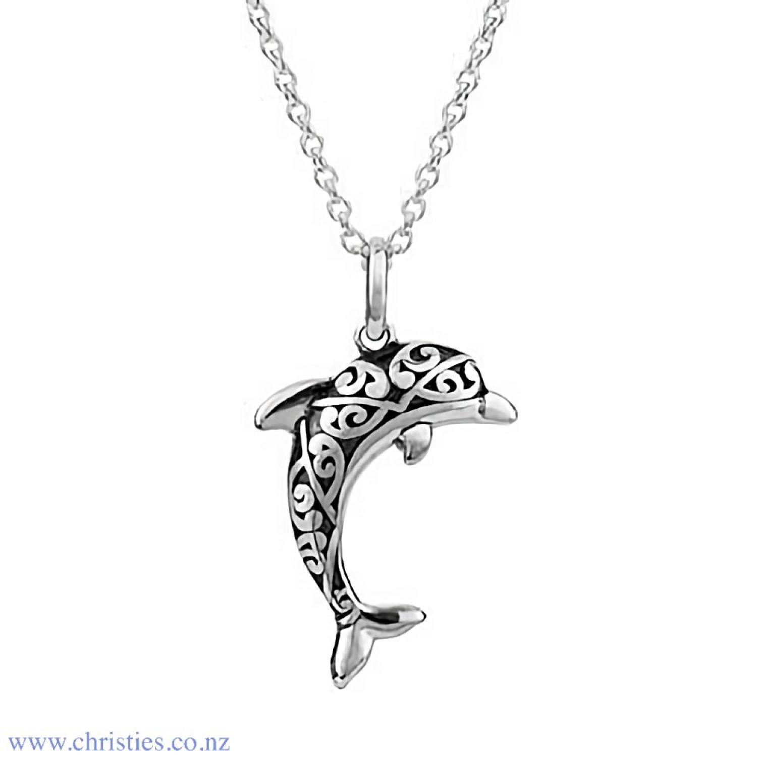 3P40006 Evolve Paciﬁc Dolphin Pendant. A symbol of companionship, the playful dolphin lives in large social groups and forms close bonds with others. The exquisite kowhaiwhai patterns etched deeply into the dolphin symbolise your family ties and those you
