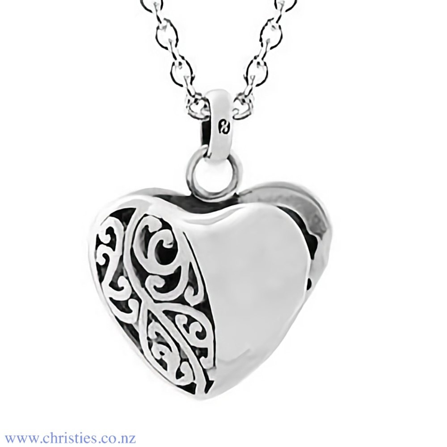 4N20008 Evolve Koru Heart Locket with Chain. Evolves delicate heart locket, adorned with a contemporary New Zealand motif, represents secret love. Open and stow a tiny photo of someone special, a note with a secret message, or something blue for your wedd