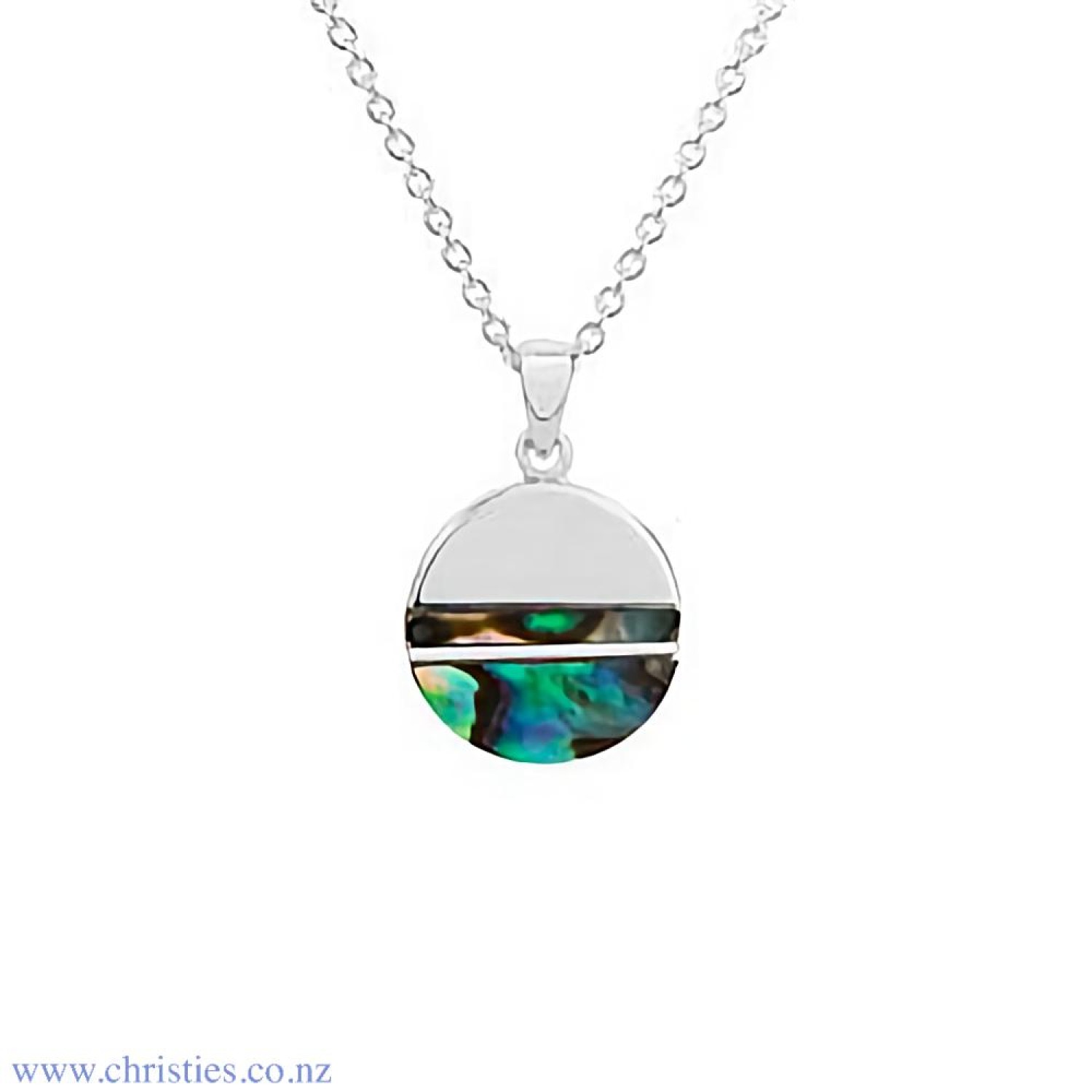 4N40014 Evolve Treasured Paua Silver Pendant. Evolves Cherished Pāua Necklace captures the sun setting on the horizon, reminding us to reﬂect and celebrate each day. Inlaid with New Zealand pāua shell, which Māori believe to be a treasured gift from the s