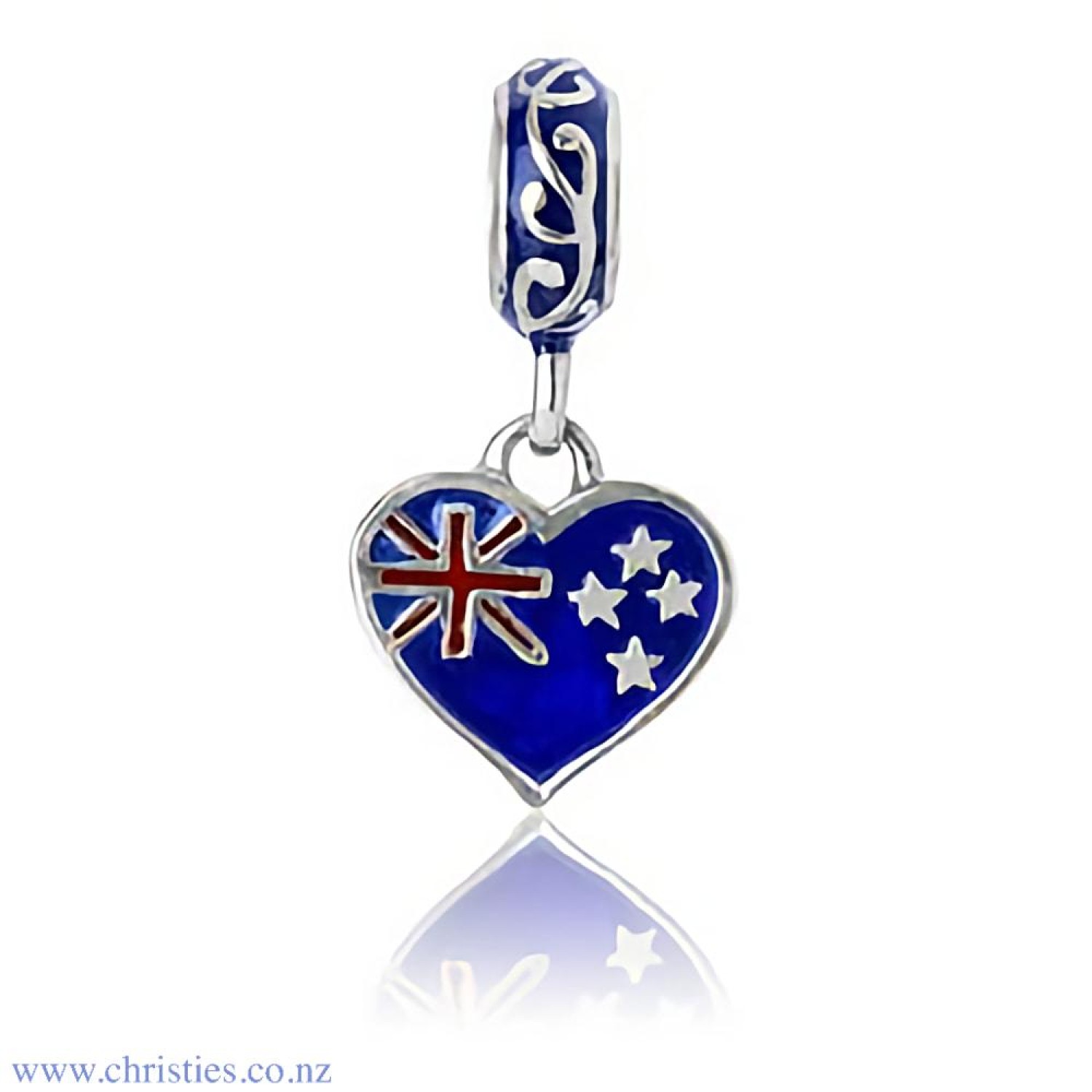 LKD048 Evolve Jewellery NZ Love Charm. Thel NZ Love charm is a celebration of the love and pride we hold for Aotearoa. The Union Jack symbolises the connection with our British ancestry and the stars depict the iconic Southern Cross. Embossed cultural des