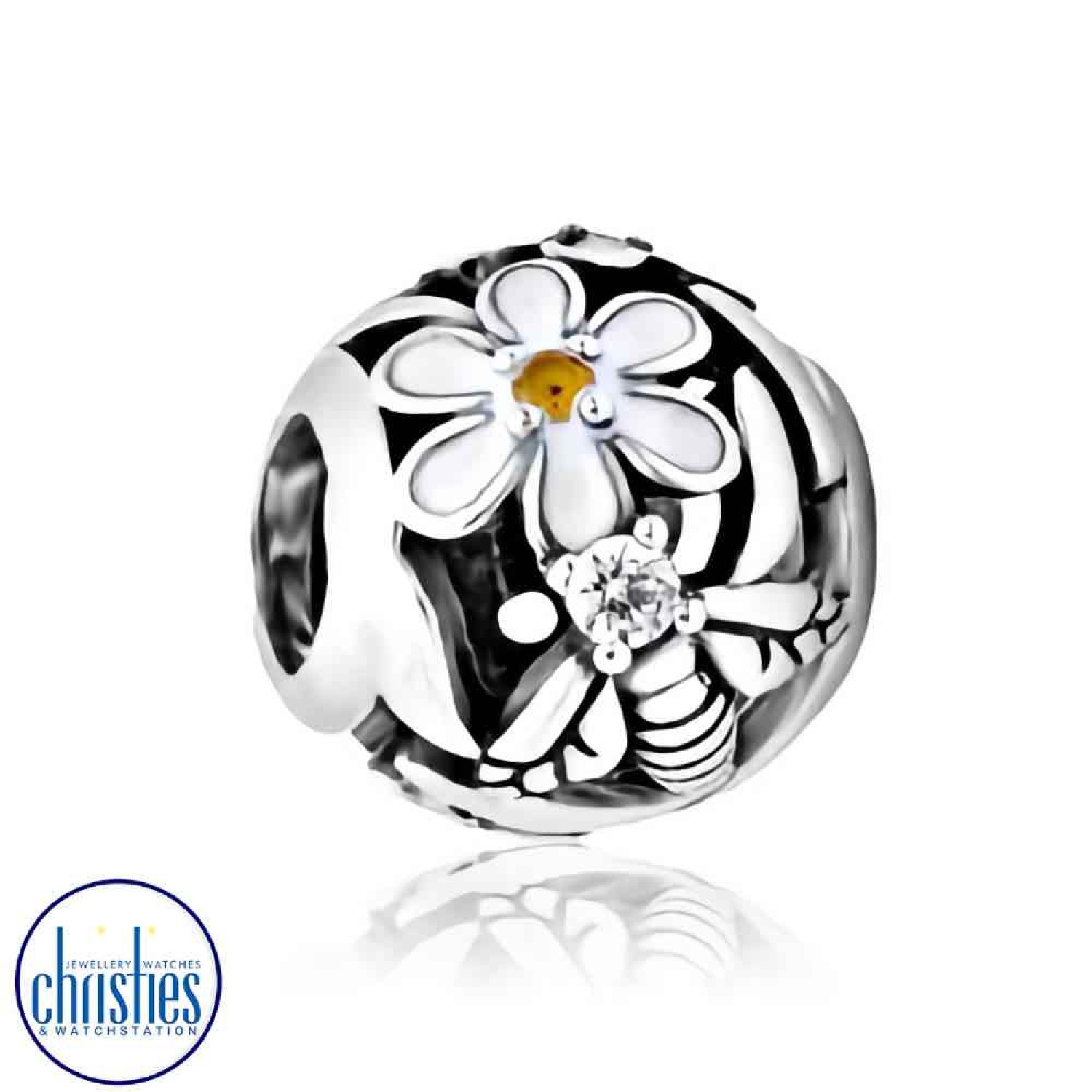 LKE072 Evolve Jewellery Daisy Charm. Known as the flower that symbolises new beginnings and growth, Evolve's Daisy charm features two stunning white enamel flowers with a golden cubic zirconia centre.This charm also pays tribute to the ever-important bee.
