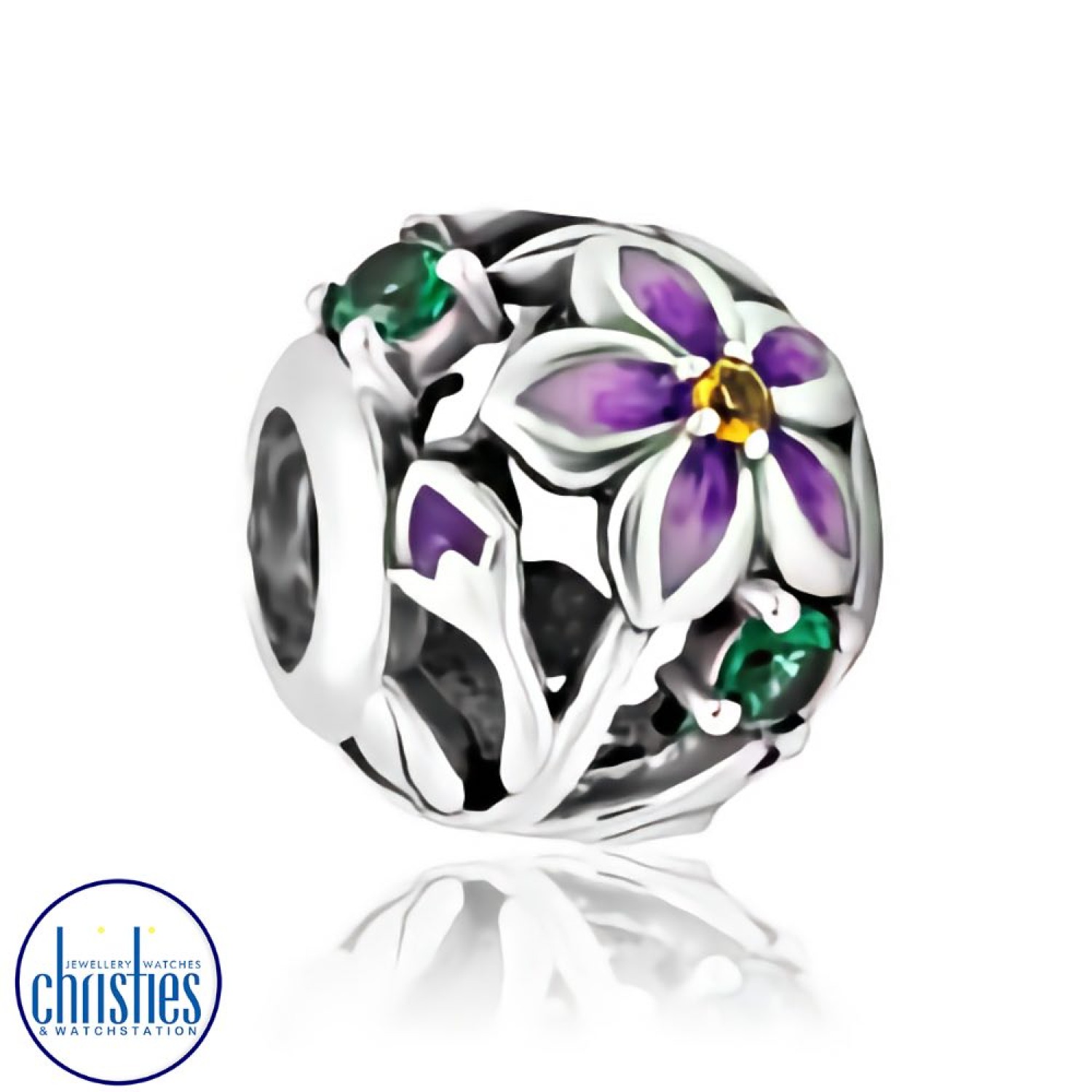 LKE079 Evolve Jewellery Poroporo Charm. With its bright purple petals and golden centre, the Poroporo attracts many native birds to New Zealand gardens.The delicate enamel work and hand-placed cubic zirconia stones on Evolve's Poroporo charm emulate its a