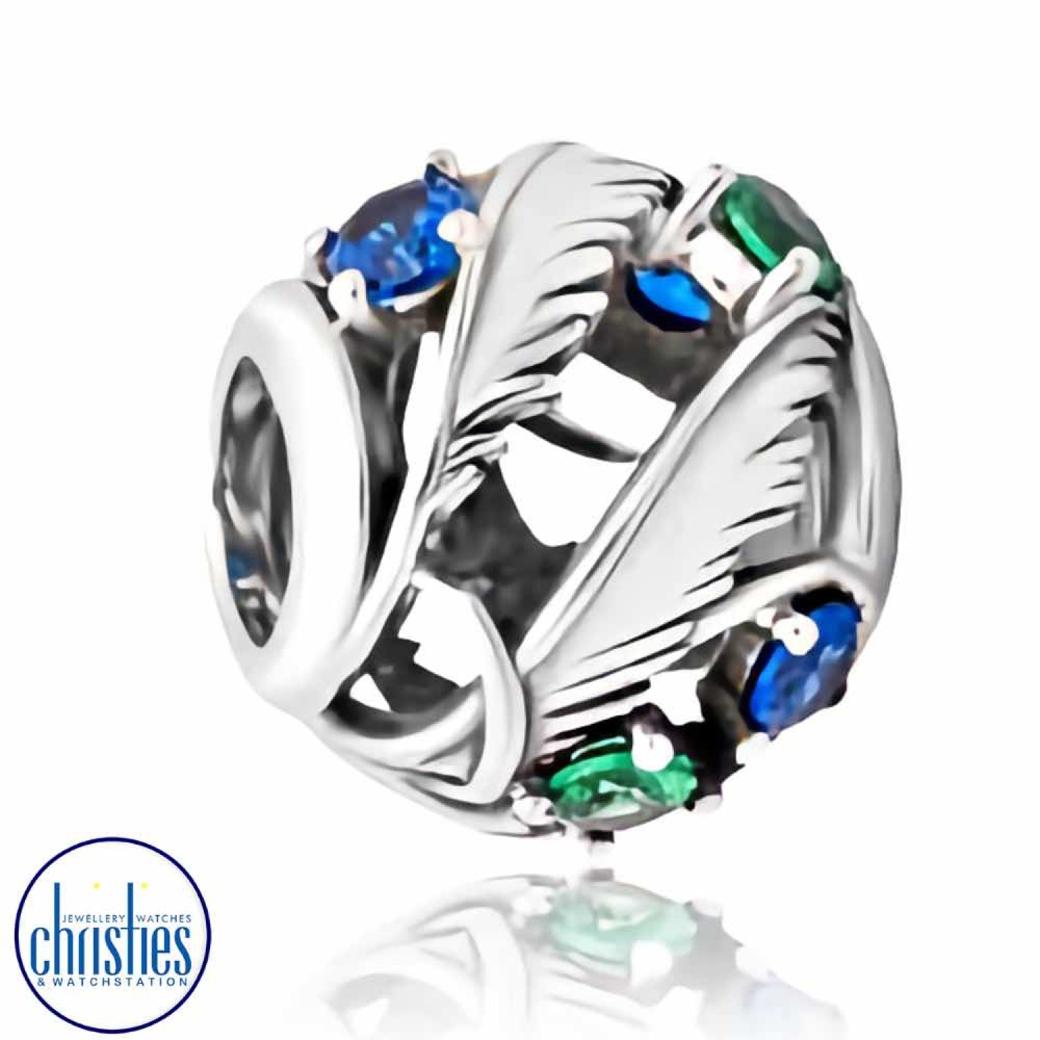 LKE081 Evolve Jewellery Toi Toi Charm. Toi Toi are synonymous with New Zealand gardens and coastal landscapes.This special charm features detailed ‘spear like’ flowering stems alongside blue and green cubic zirconia stones, representative of the panoramic