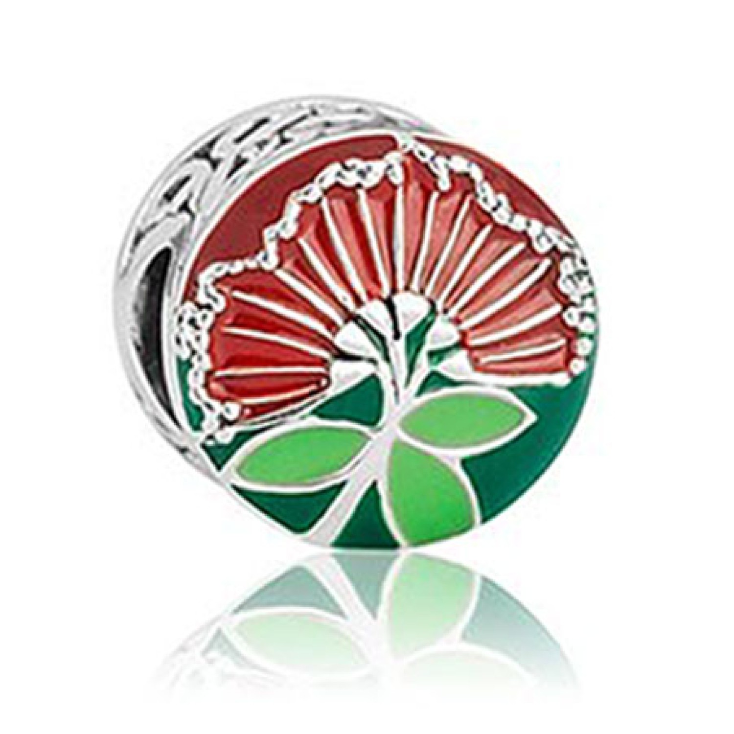 LKE046 Evolve Charm NZ Pohutukawa. This brilliant red enamel charm represents one of New Zealand’s most admired native trees, the beautiful Pohutukawa. The scarlet flowers of this magnificent tree can be spotted all around New Zealand at the beginning of 
