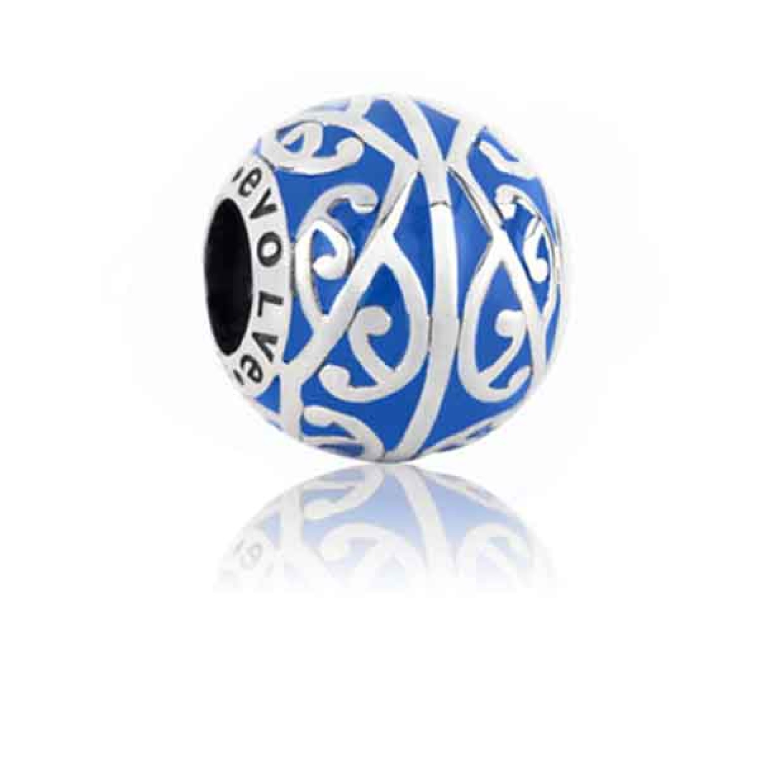 LKE054 Evolve New Zealand Ocean Tide Charm. Inspired by the everchanging ocean tides, this charm showcases beautiful rolling silver kowhaiwhai patterns and exquisite ocean blue enamel. Tides teach us to embrace change as they drift in and out and act as a