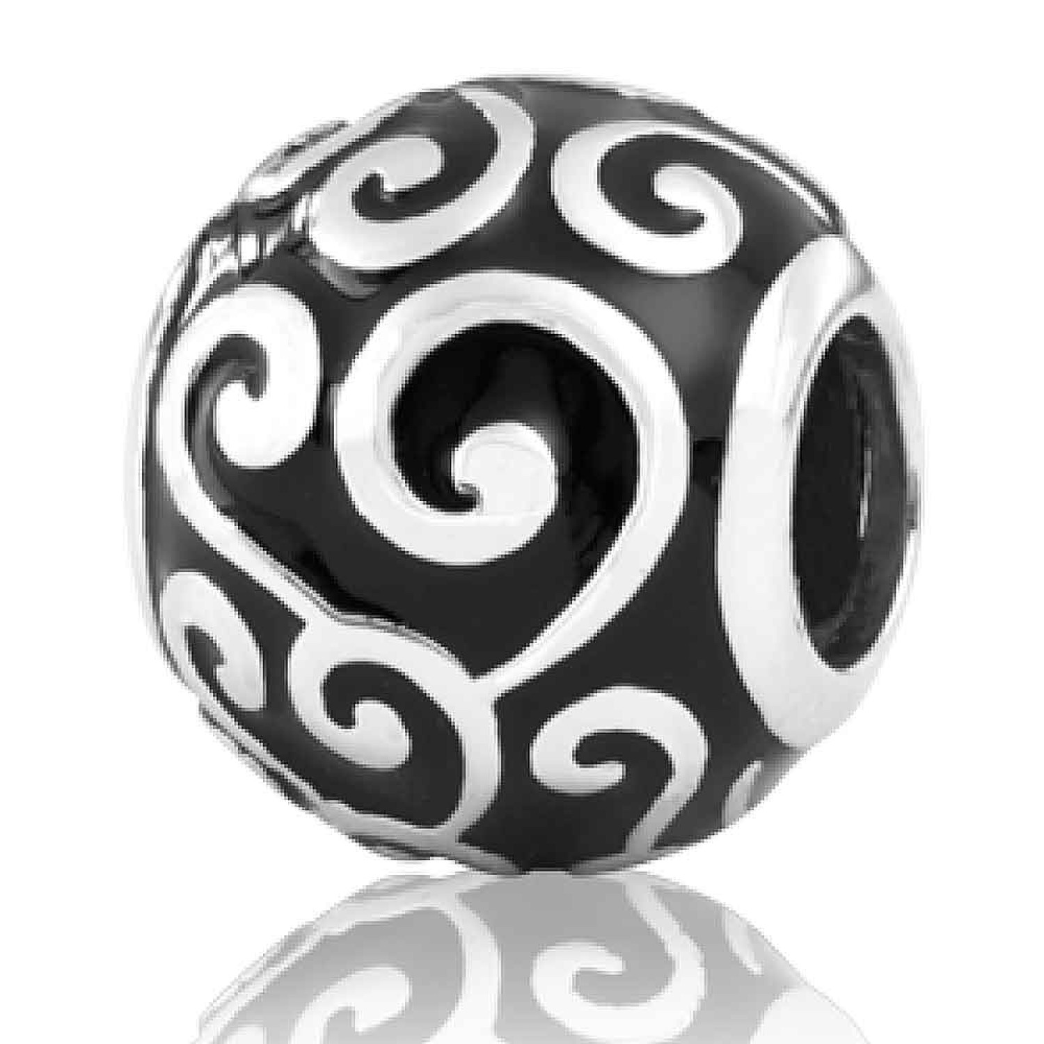LKE038 Evolve Silver Charm Universe. Swirling silver koru’s embellish this black enamel charm representing our entire universe. Each swirl symbolises our cherished friends and family, those who closely support us through our life journey and make our whol