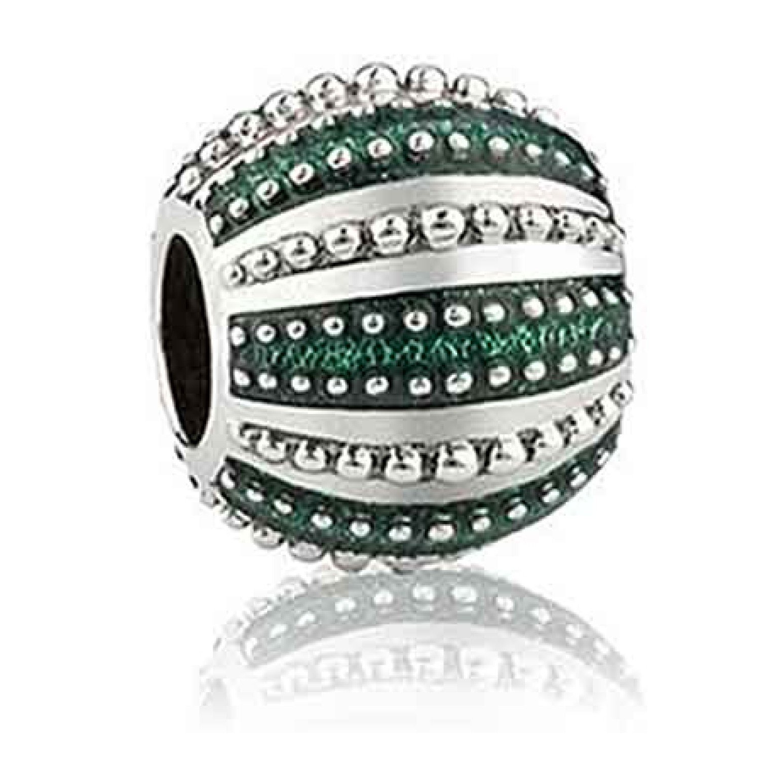 LKE031 Evolve Charms Treasured Kina Silver. The kina is a sea urchin found widely along New Zealand coastlines. This striking green enamel charm is inspired by the kina’s exquisite green shell textured with pearlescent white dots. This traditional and pop