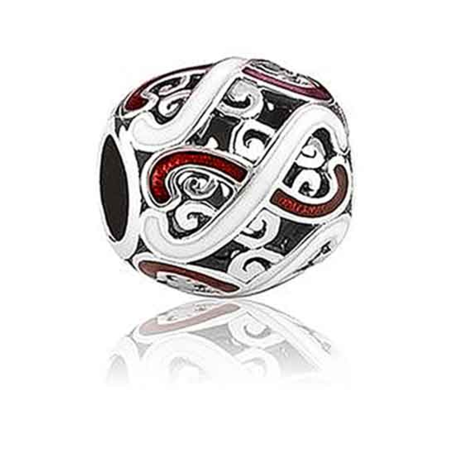 LKE032 Evolve Charms Family Love Silver. Celebrating the gift of family (whānau) love and support, this charm reminds us of the quality time spent with our loved ones at the bach or marae. The vibrant red and white lines linked together symbolise Rangi-nu