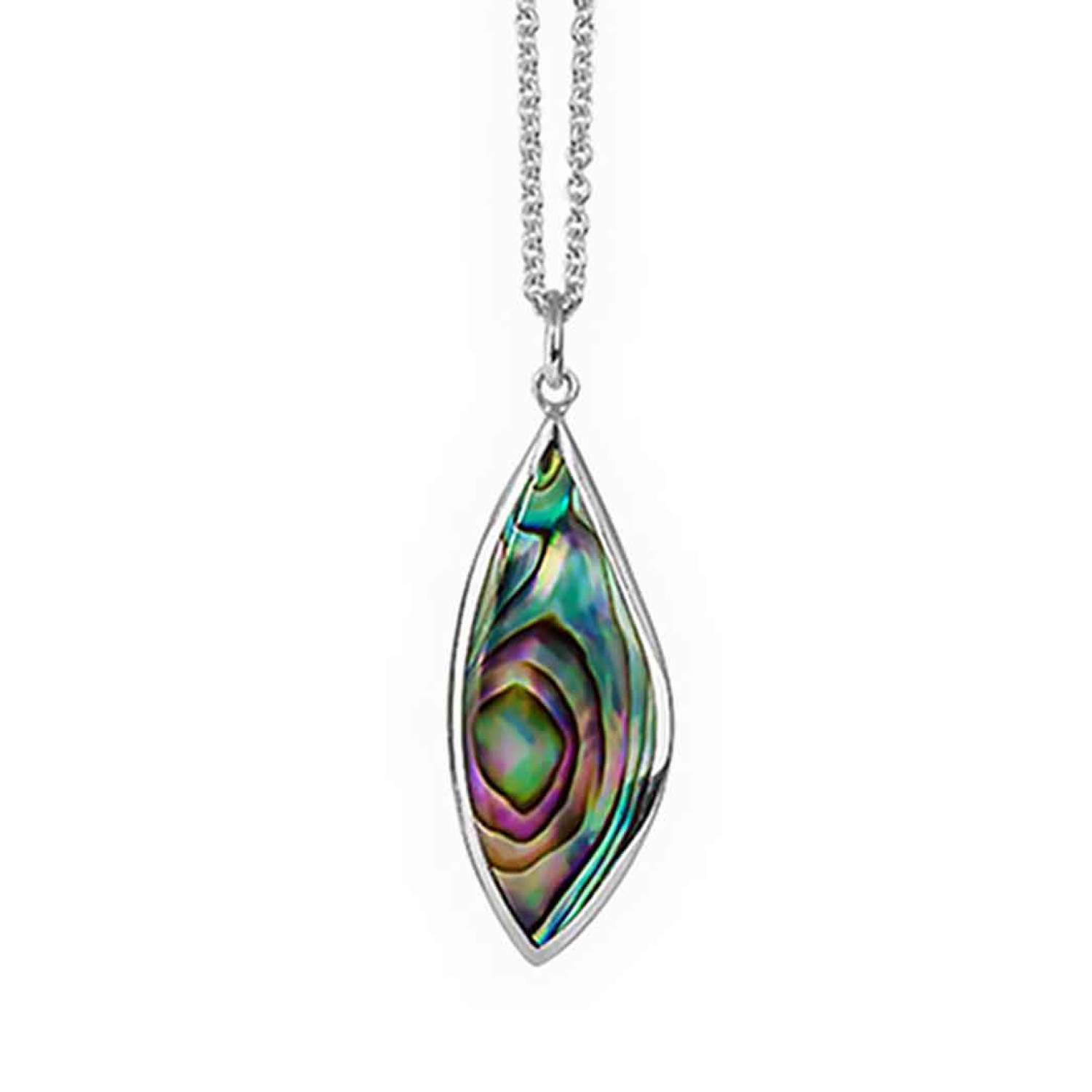 3P40004 Evolve Treasured Paua Silver Pendant. The New Zealand pāua shell is the most exquisite and sought after in the world. Each treasured pāua piece is unique and special. Magical arrays of greens and purples burst from every shell. Māori believe pāua 