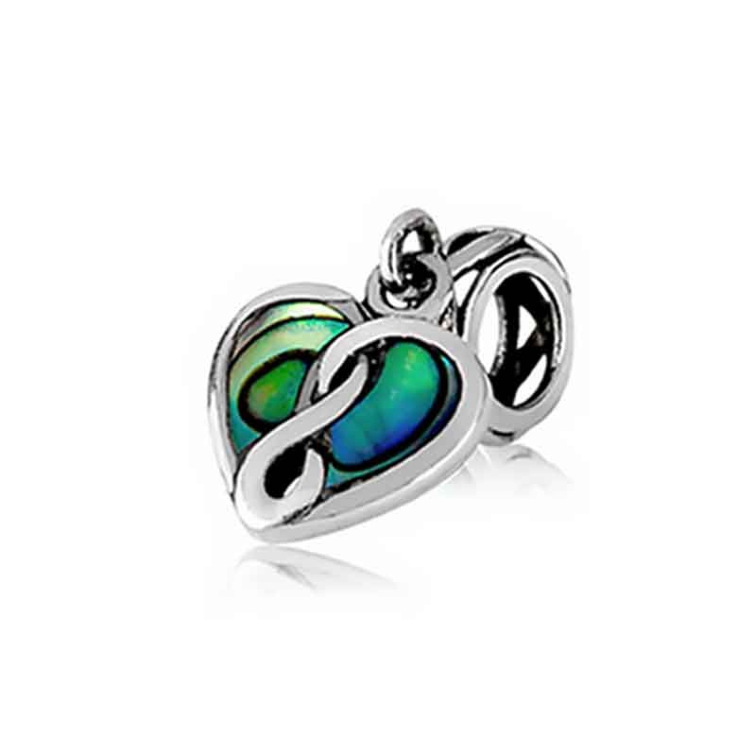 LKP007 Evolve New Zealand Eternity Paua Heart Charm. The eternity twist detailed in this exquisite pāua heart symbolises our eternal love for those we care for most. It is believed pāua strengthens the heart and New Zealand pāua is considered the rarest a