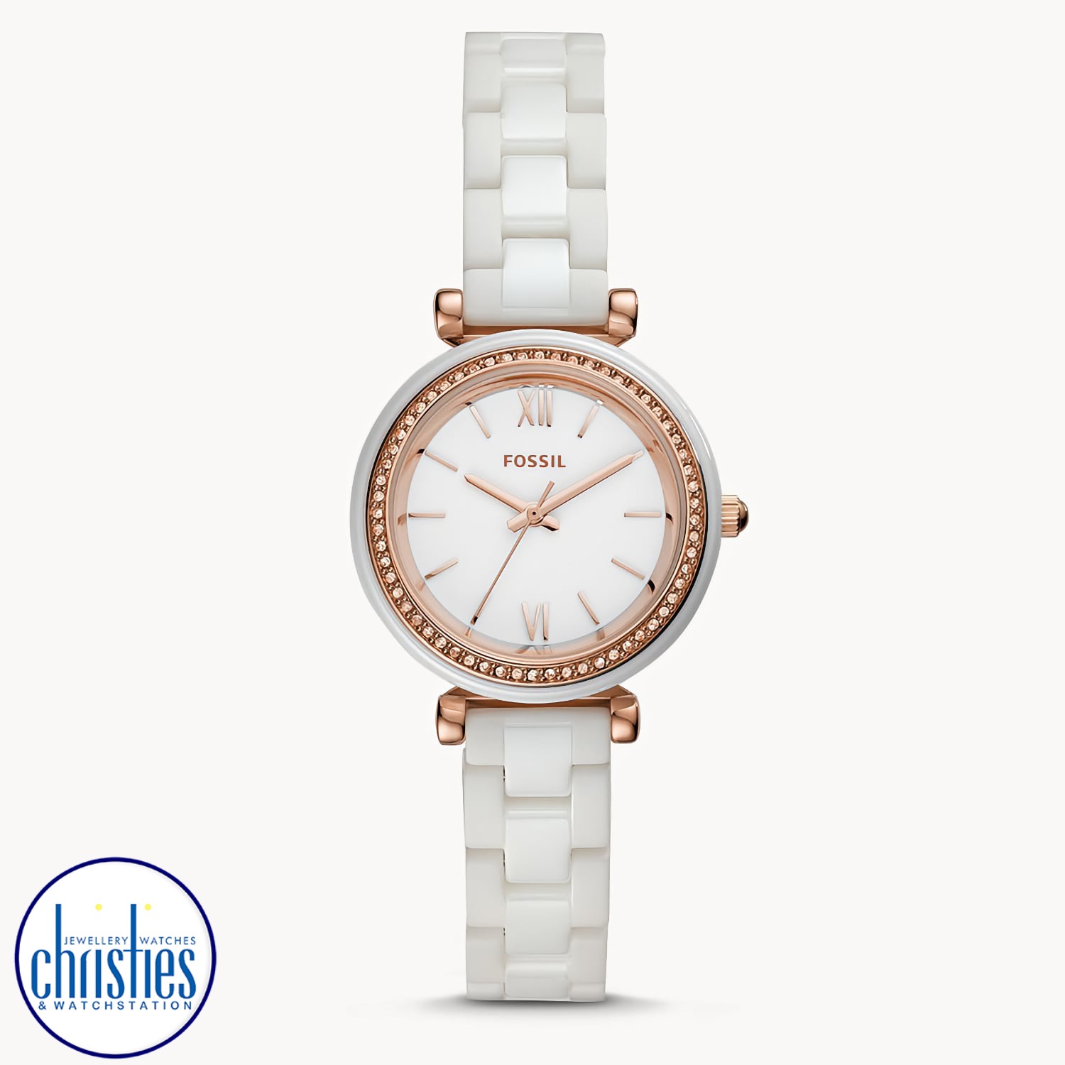CE1104 Fossil Carlie Mini Three-Hand White Ceramic Watch. CE1104 Fossil Carlie Mini Three-Hand White Ceramic Watch Afterpay - Split your purchase into 4 instalments - Pay for your purchase over 4 instalments, due every two weeks. You’ll pay your first ins