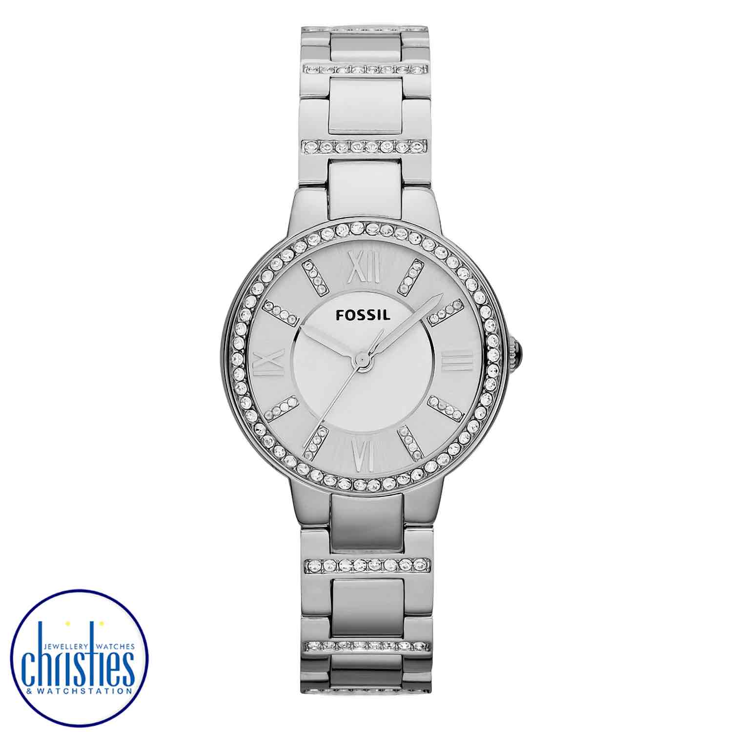 ES3282 Fossil Virginia Stainless Steel Watch. Shiny steel meets dramatic glitz—made for modern sophisticates and vintage enthusiasts alike, you wont be able to live without Fossils ever-chic Virginia. This Virginia watch also features a three hand movemen