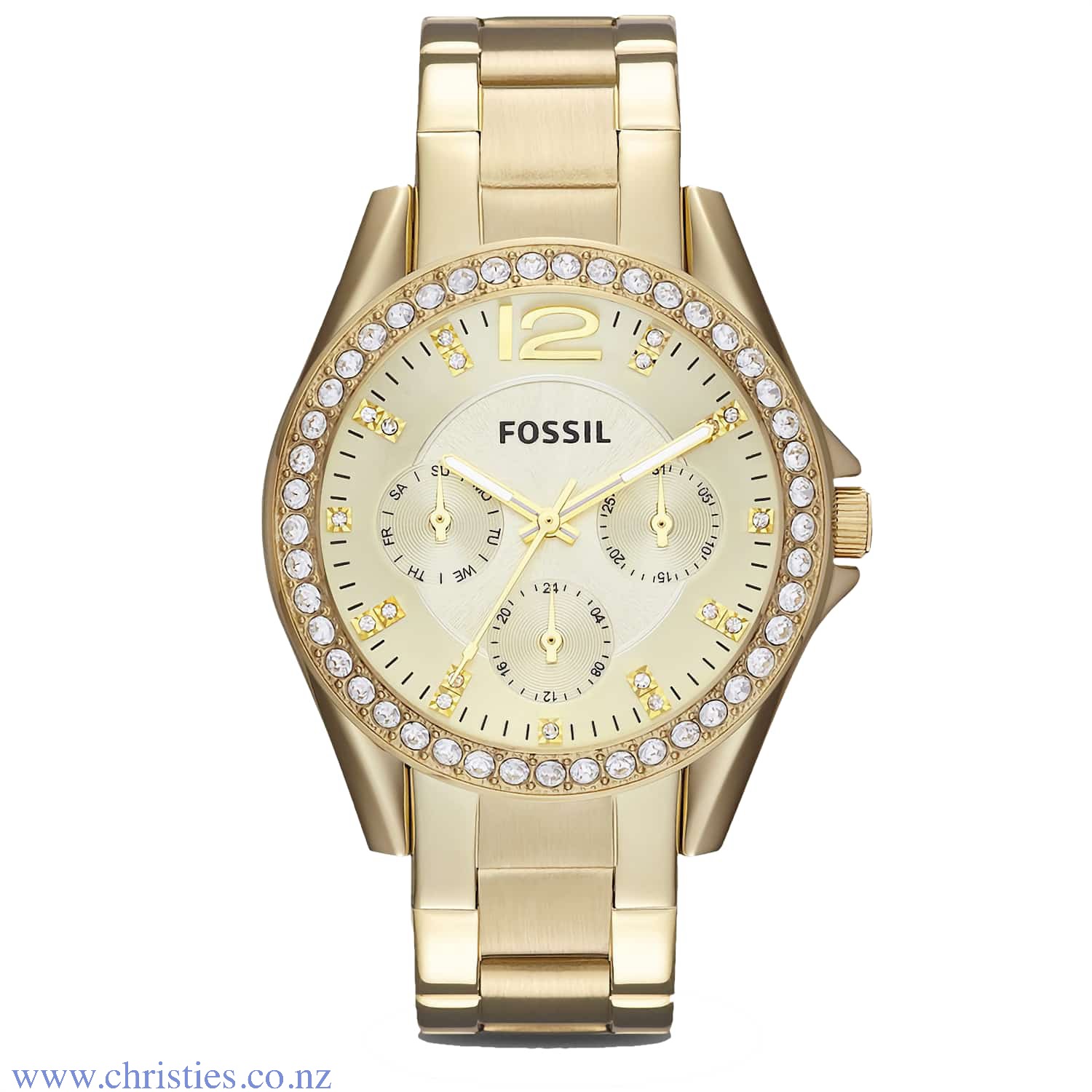 ES3203 Fossil Riley Multifunction Yellow Gold Tone Watch. ES3203 Fossil Riley Multifunction Yellow Gold Tone Watch with 100 Metre Water Resist Rating Humm -Buy Little things up to $1000 and choose 10 weekly or 5 fortnightly payments with no interest. Late