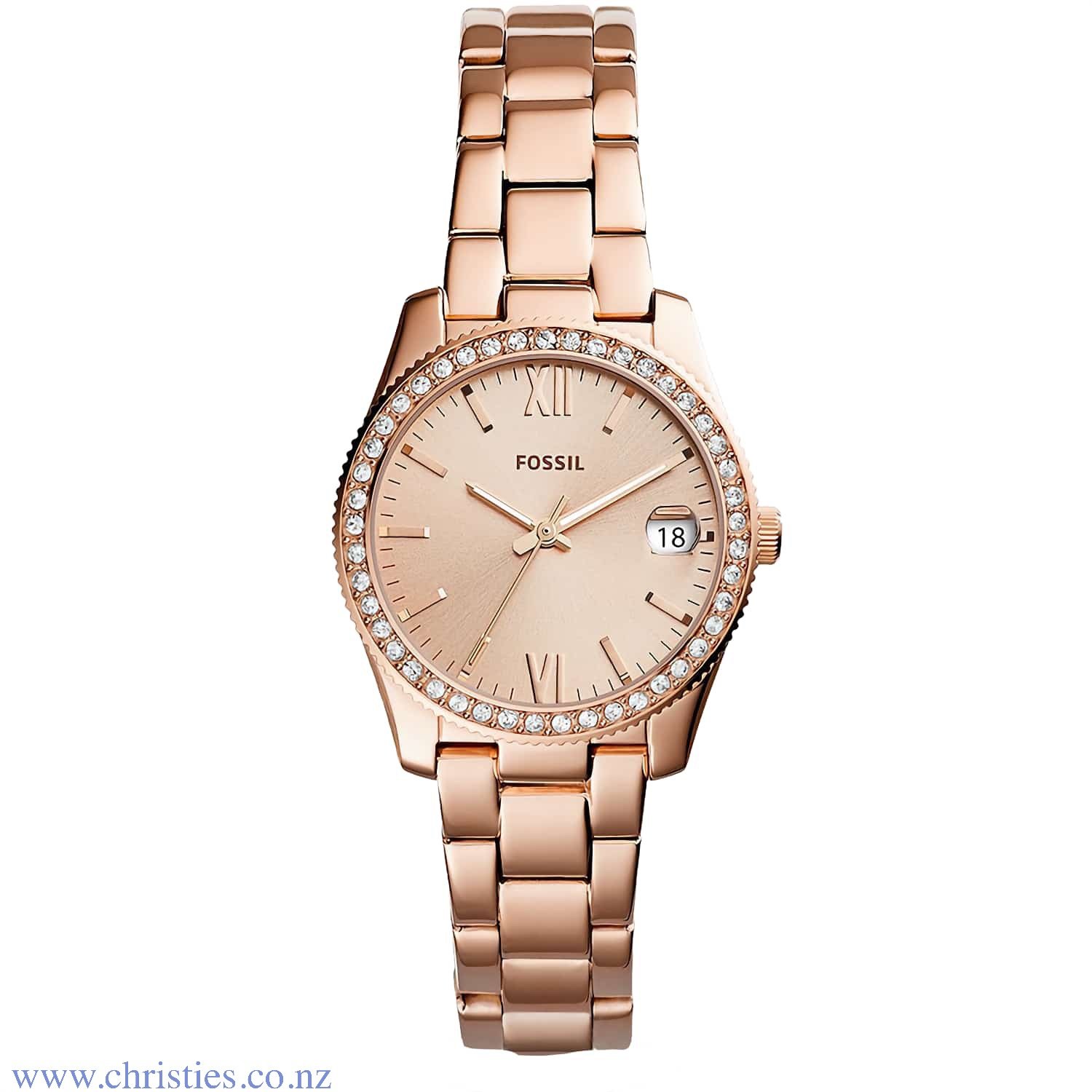ES4318 Fossil Scarlette Mini Rose Gold Tone Watch. ES4318 Fossil Scarlette Mini Rose Gold Tone Watch with 50 Metre Water Resist Rating Afterpay - Split your purchase into 4 instalments - Pay for your purchase over 4 instalments, due every two weeks. You’l