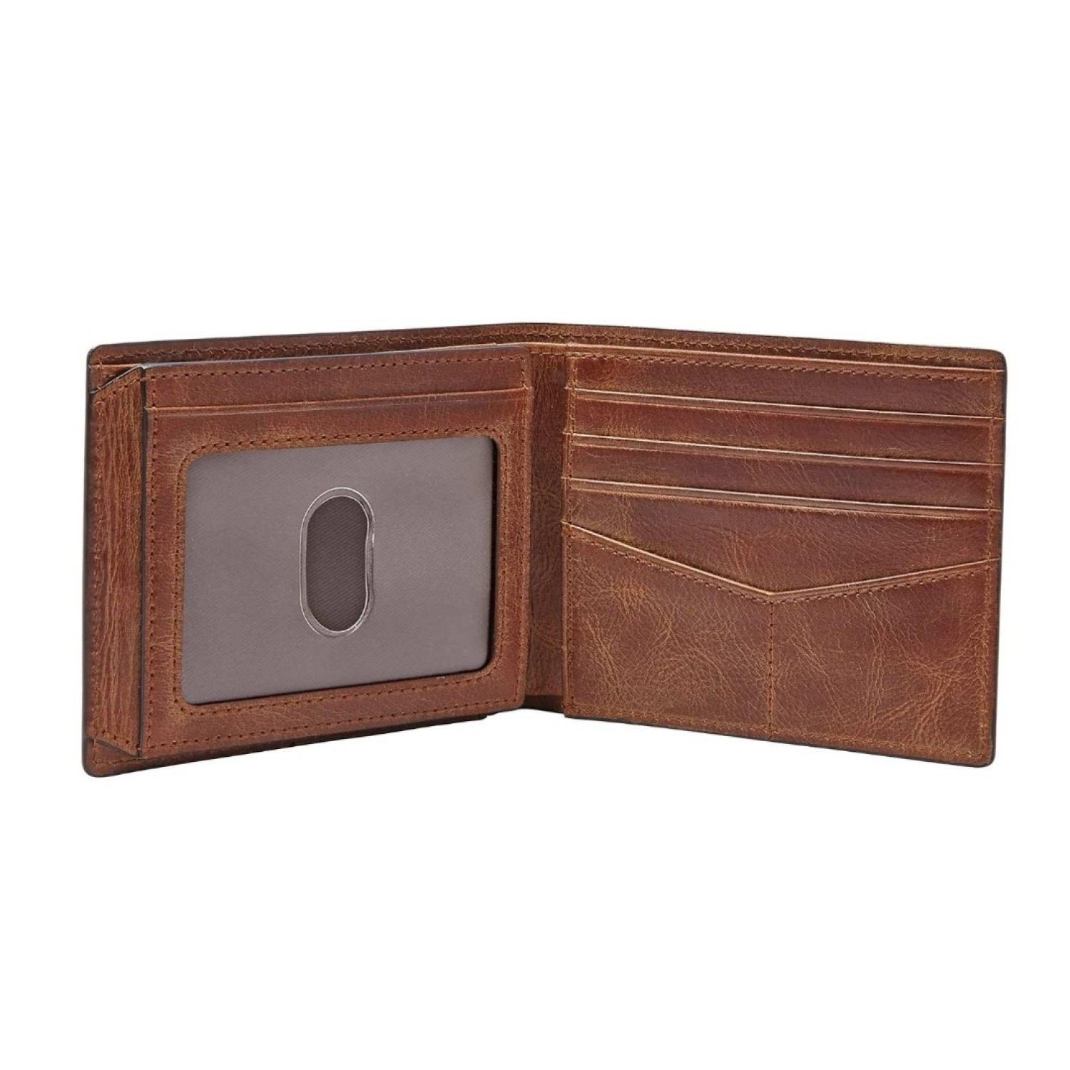 Derrick RFID Flip ID Bifold Brown - ML3681200 – Fossil Watches in New Zealand Derrick RFID Flip ID Bifold Brown by Fossil in New Zealand: a brown leather wallet with card slots, a transparent ID pocket, and RFID protection
