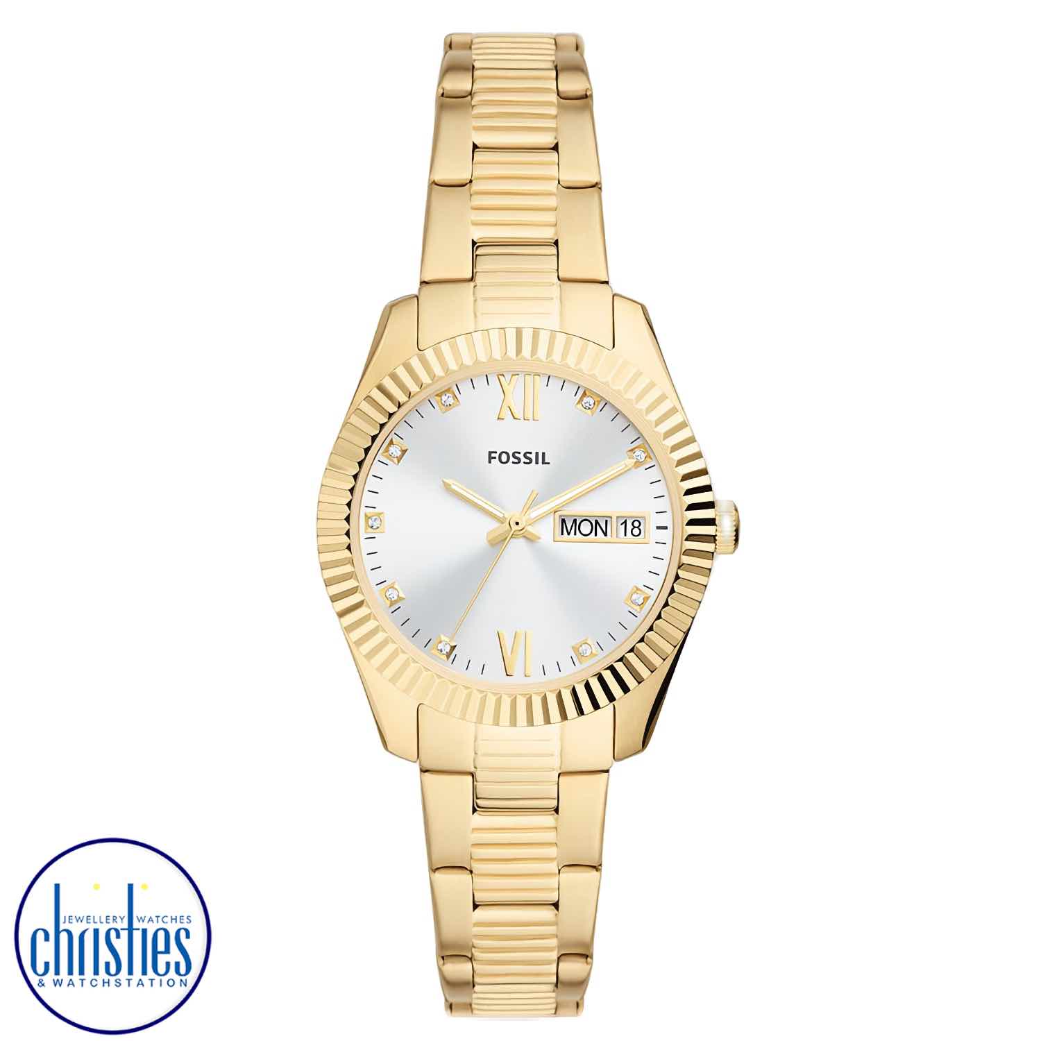 ES5199 Fossil Scarlette Three-Hand Day-Date Gold-Tone Stainless Steel Watch ES5199 Fossil Scarlette Three-Hand Day-Date Gold-Tone Stainless Steel Watch. ES5200 Fossil Scarlette Three-Hand Day-Date Gold-Tone Stainless Steel WatchAfterpay - Split your purchase into 4 instalments - Pay for your purchase over 4 instalments, due every