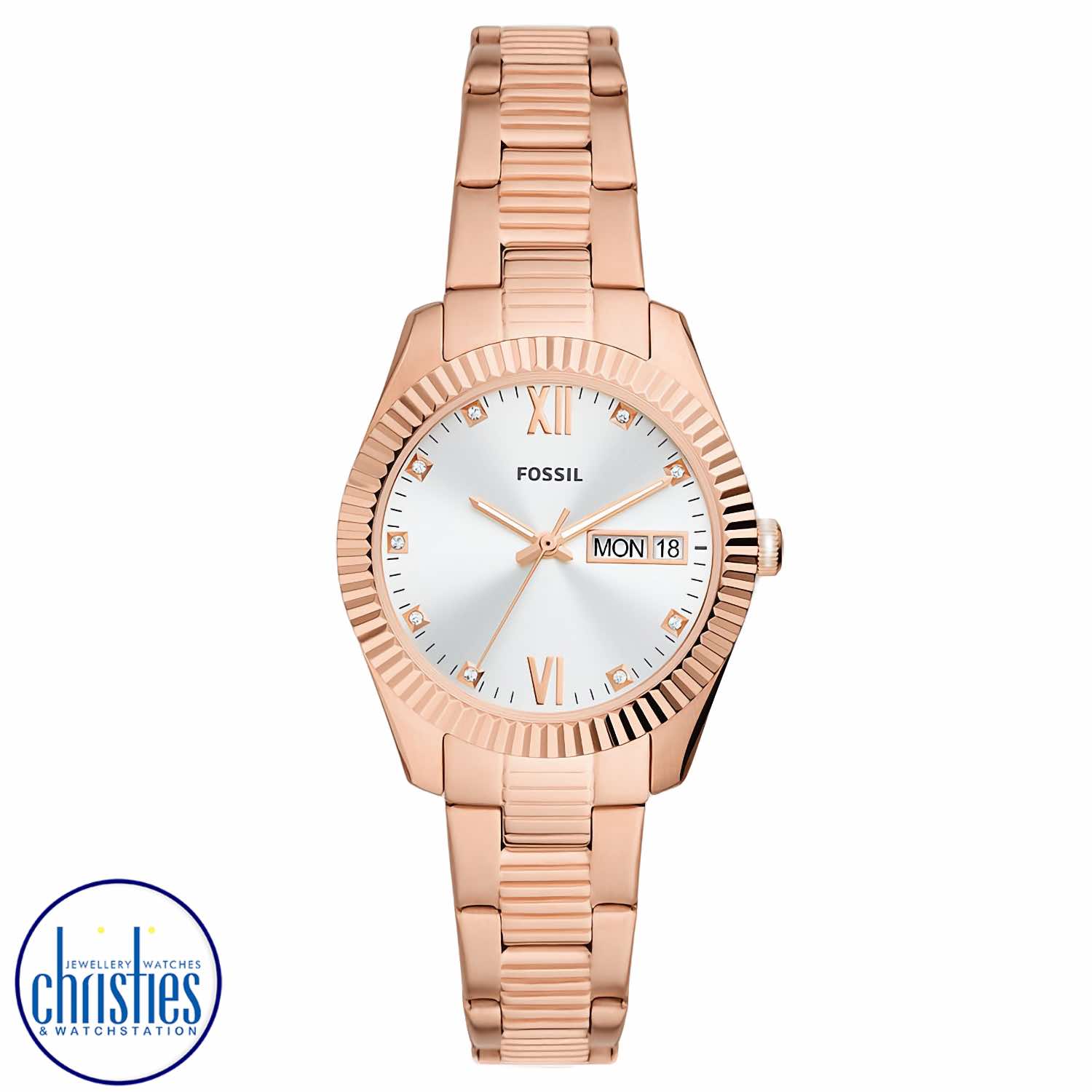 ES5200 Fossil Scarlette Three-Hand Day-Date Rose Gold-Tone Stainless Steel Watch ES5200 Fossil Scarlette Three-Hand Day-Date Rose Gold-Tone Stainless Steel Watch. ES5200 Fossil Scarlette Three-Hand Day-Date Rose Gold-Tone Stainless Steel WatchAfterpay - Split your purchase into 4 instalments - Pay for your purchase over 4 instalments,