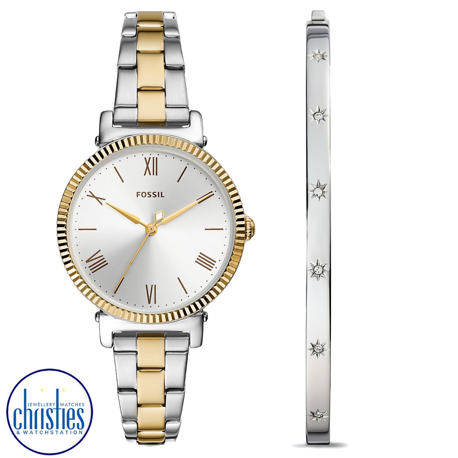 ES5249SET Fossil Daisy Three-Hand Two-Tone Stainless Steel Watch and Bracelet Set. ES5252SET Fossil Jaqueline Three-Hand Date Rose Gold-Tone Stainless Steel Watch and Jewellery SetAfterpay - Split your purchase into 4 instalments - Pay for your purchase o