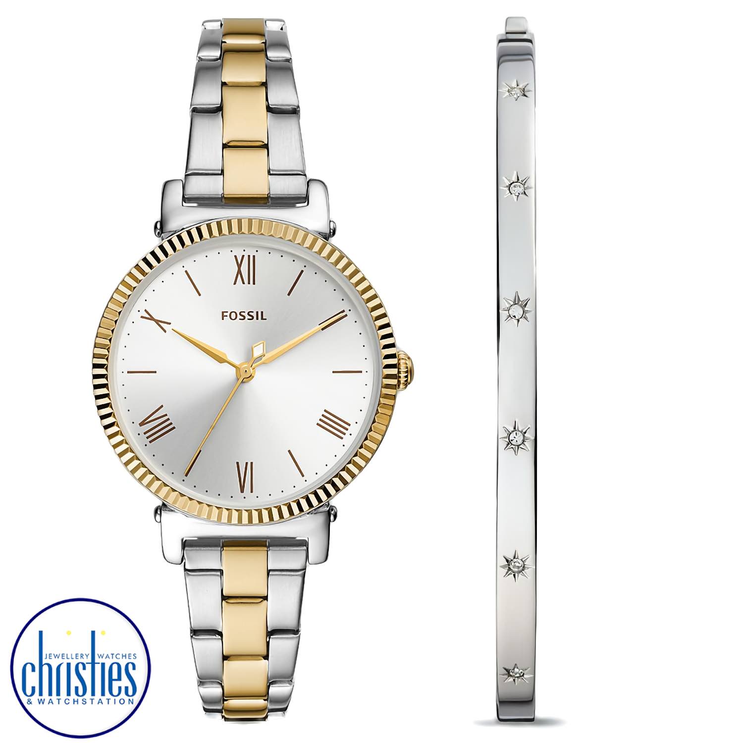 ES5249SET Fossil Daisy Three-Hand Two-Tone Stainless Steel Watch and Bracelet Set fossil watches women ES5249SET Fossil Daisy Three-Hand Two-Tone Stainless Steel Watch and Bracelet Set. ES5252SET Fossil Jaqueline Three-Hand Date Rose Gold-Tone Stainless Steel Watch and Jewellery SetAfterpay - Split your purchase into 4 instalments - Pay for your purchase o