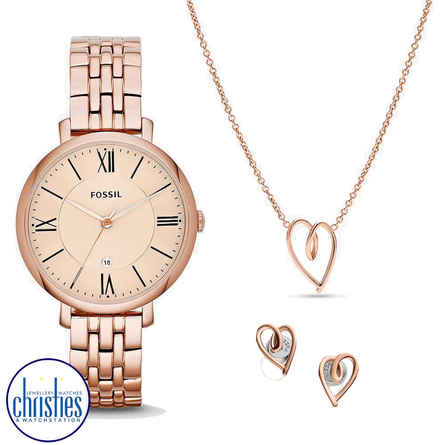 ES5252SET Fossil Jaqueline Three-Hand Date Rose Gold-Tone Stainless Steel Watch and Jewellery Set. ES5252SET Fossil Jaqueline Three-Hand Date Rose Gold-Tone Stainless Steel Watch and Jewellery SetAfterpay - Split your purchase into 4 instalments - Pay for