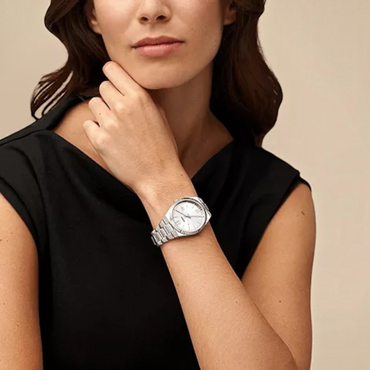 ES5300 Fossil Scarlette Three-Hand Date Stainless Steel Silver Watch with date at 3 o clock