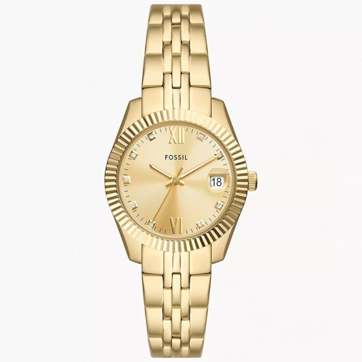 ES5338 Fossil Scarlette Three-Hand Date Gold-Tone Ladies Watch Fossil ES5338 Scarlette Women's Watch with Sunray Gold Dial and Stainless Steel Bracelet