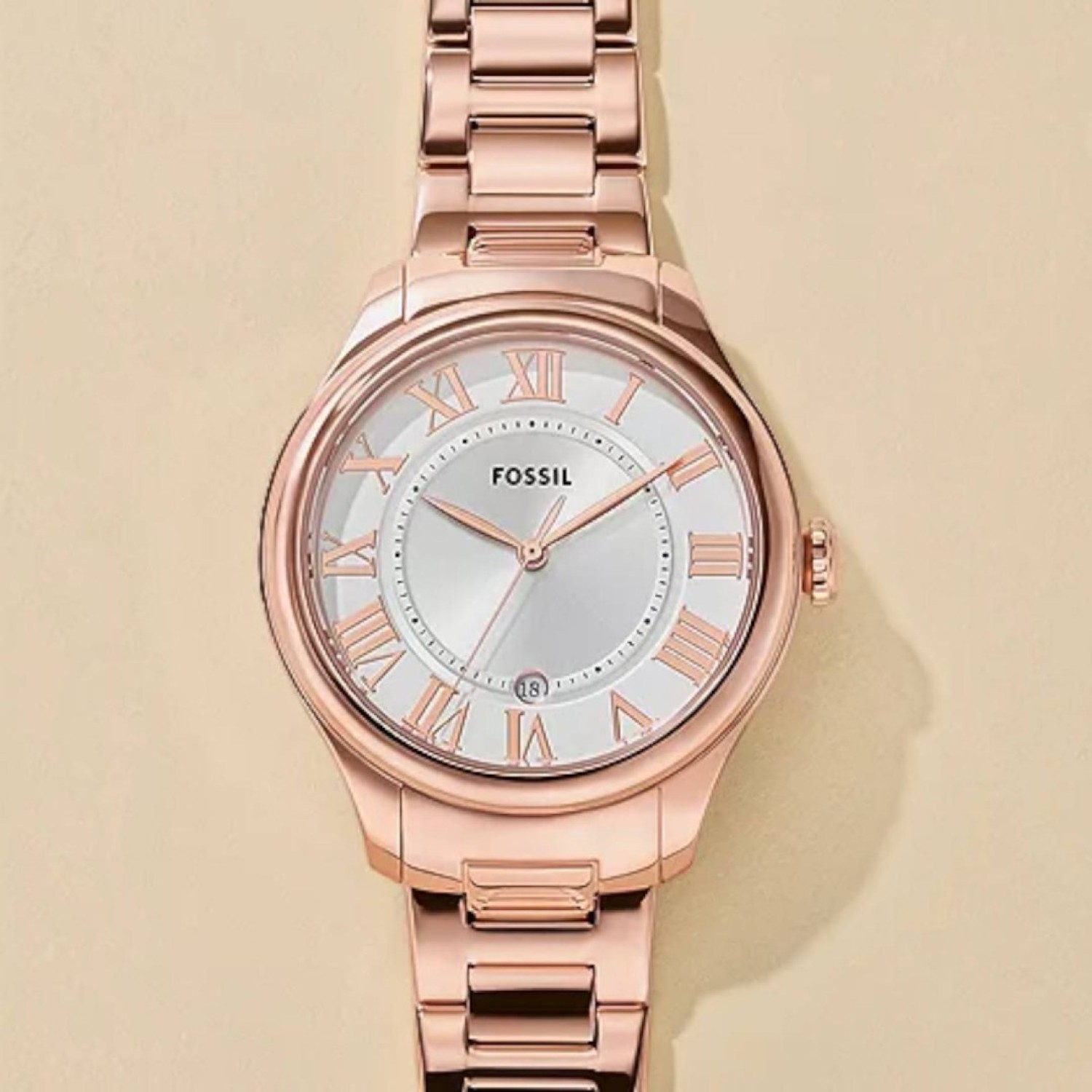 Fossil Gilmore ES5394 Rose Gold Watch Fossil Gilmore ES5394 women's rose gold watch featuring a silver dial and date window