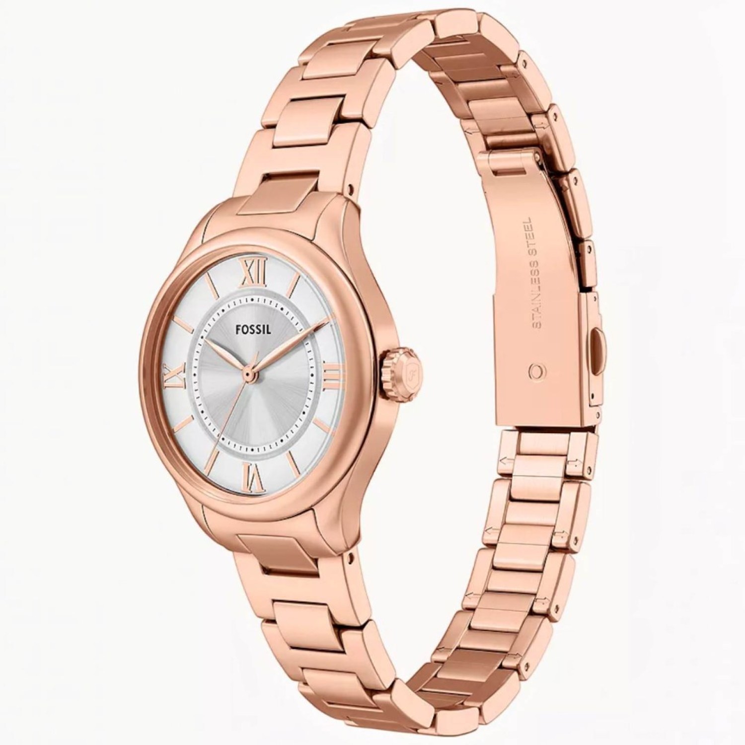 Fossil Gilmore ES5420 womens rose gold watch featuring a silver dial and date window