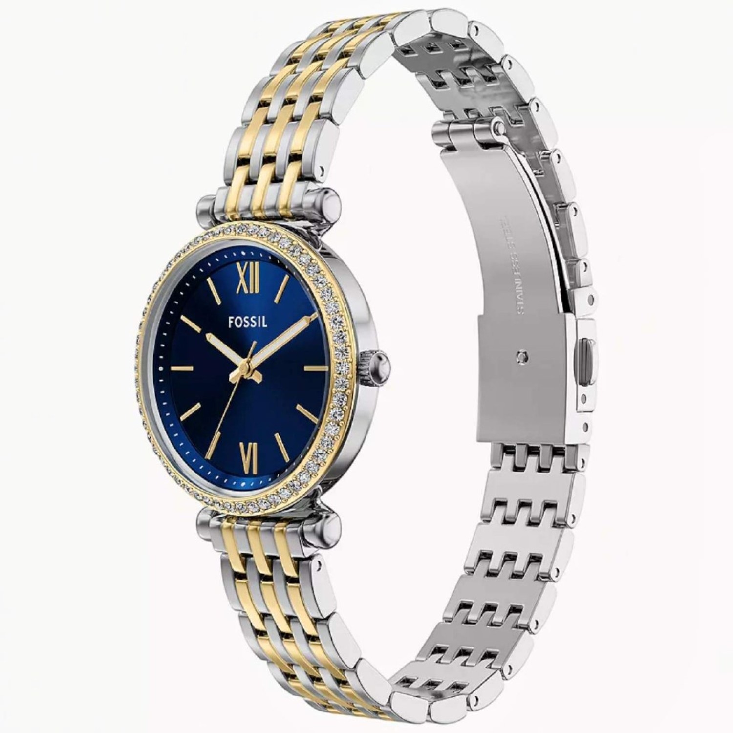 Fossil Carlie ES5438 Three-Hand Two-Tone Stainless Steel Watch Fossil Carlie ES5438 Three-Hand Two-Tone sStainless steel watch featuring blue dial
