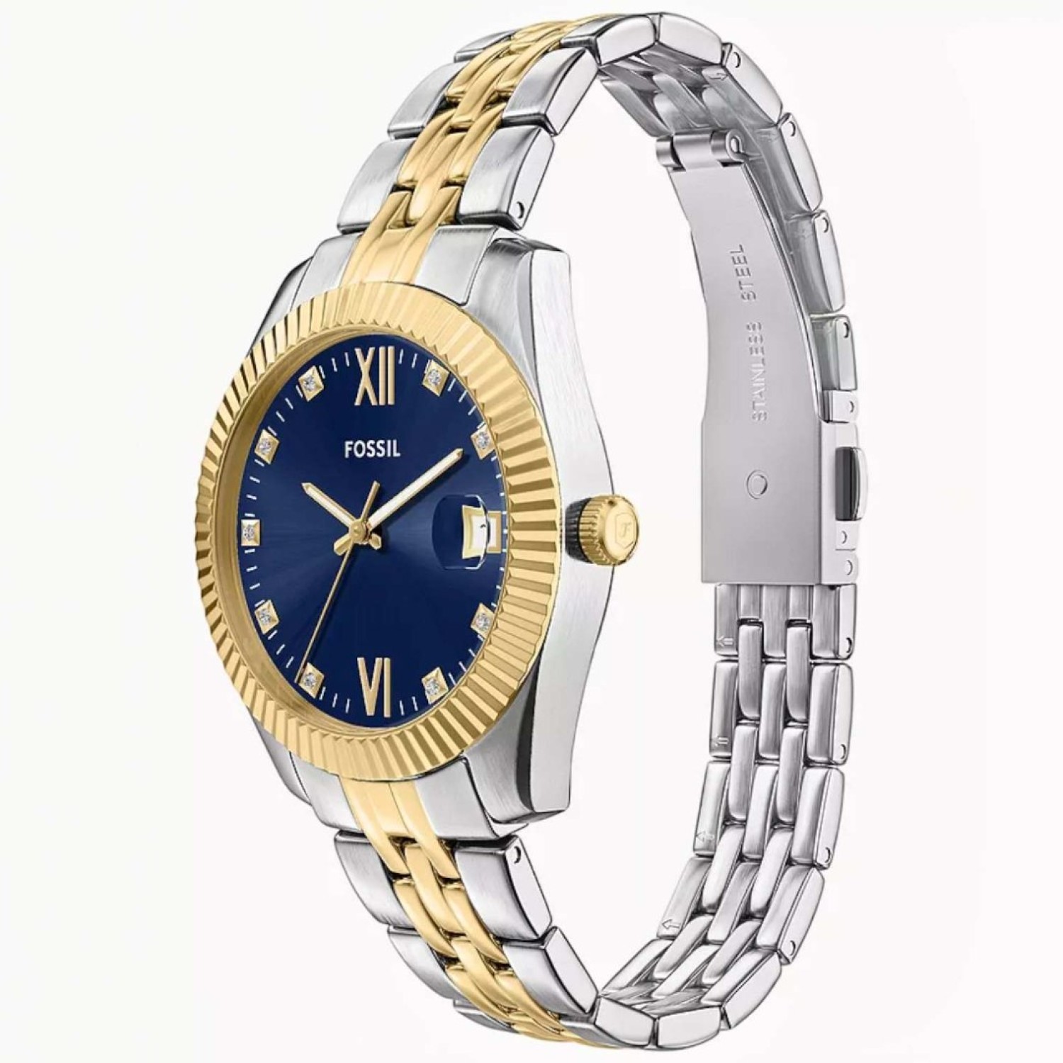 Fossil Scarlette ES5443 Two-Tone Ladies Watch Fossil Scarlette ES5443 two tone ladies watch with blue dial and date window