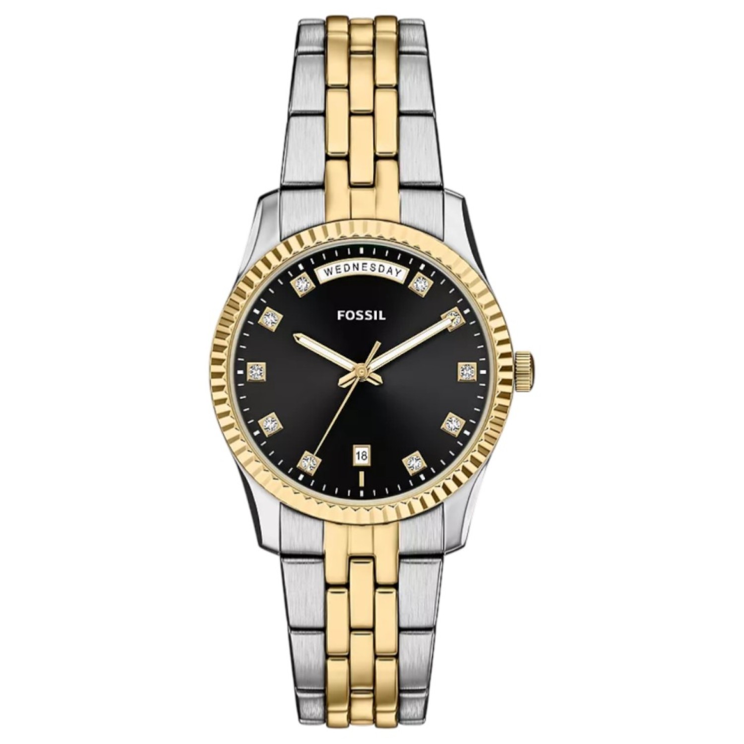 ES5458 Fossil Scarlette Three-Hand Day-Date Two-Tone Stainless-Steel Watch – Fossil Watches in New Zealand - Buy Men’s and Women’s Watches Online - Free Delivery and Afterpay Options ES5458 Fossil Scarlette Three-Hand Day-Date Two-Tone Stainless-Steel Watch by Fossil