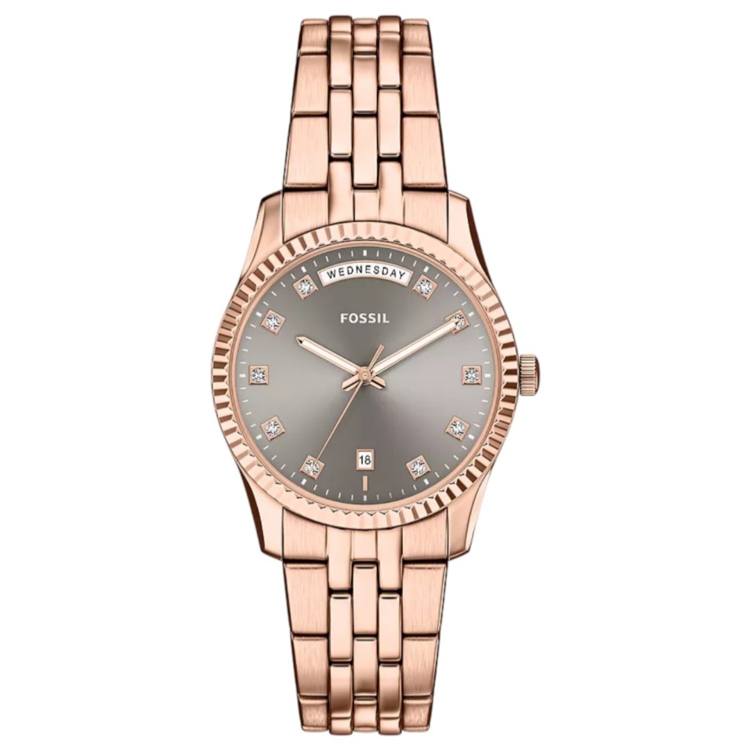 ES5459 Fossil Scarlette Three‑Hand Day‑Date Rose Gold‑Tone Stainless Steel Watch – Buy Fossil Watches in New Zealand ES5459 Fossil Scarlette Three‑Hand Day‑Date Rose Gold‑Tone Stainless Steel Watch by Fossil