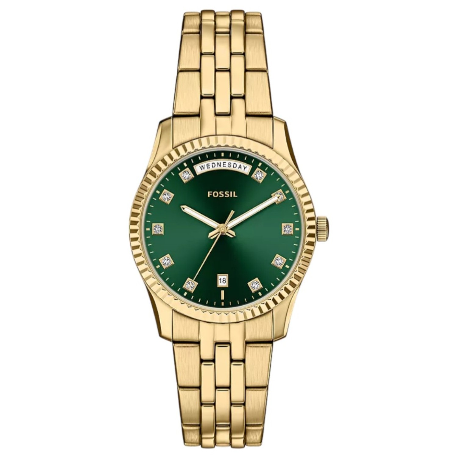ES5460 Fossil Scarlette Three-Hand Day-Date Gold-Tone Stainless Steel Watch – Buy Fossil Watches in New Zealand ES5460 Fossil Scarlette Three-Hand Day-Date Gold-Tone Stainless Steel Watch by Fossil