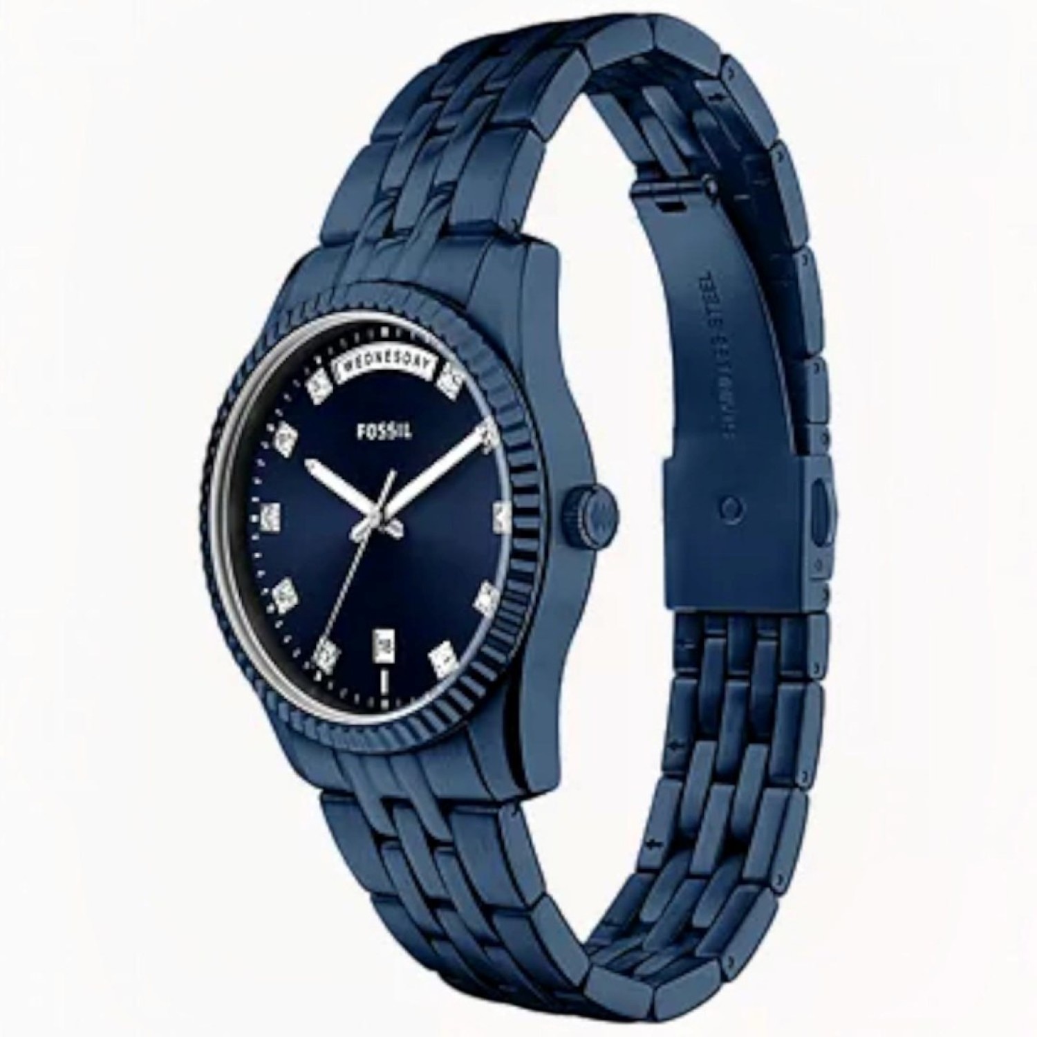 Fossil Scarlette ES5476 Navy Day-Date Stainless Steel Watch Fossil Scarlette ES5476 Navy Day-Date Stainless Steel watch featuring day date and navy blue dial
