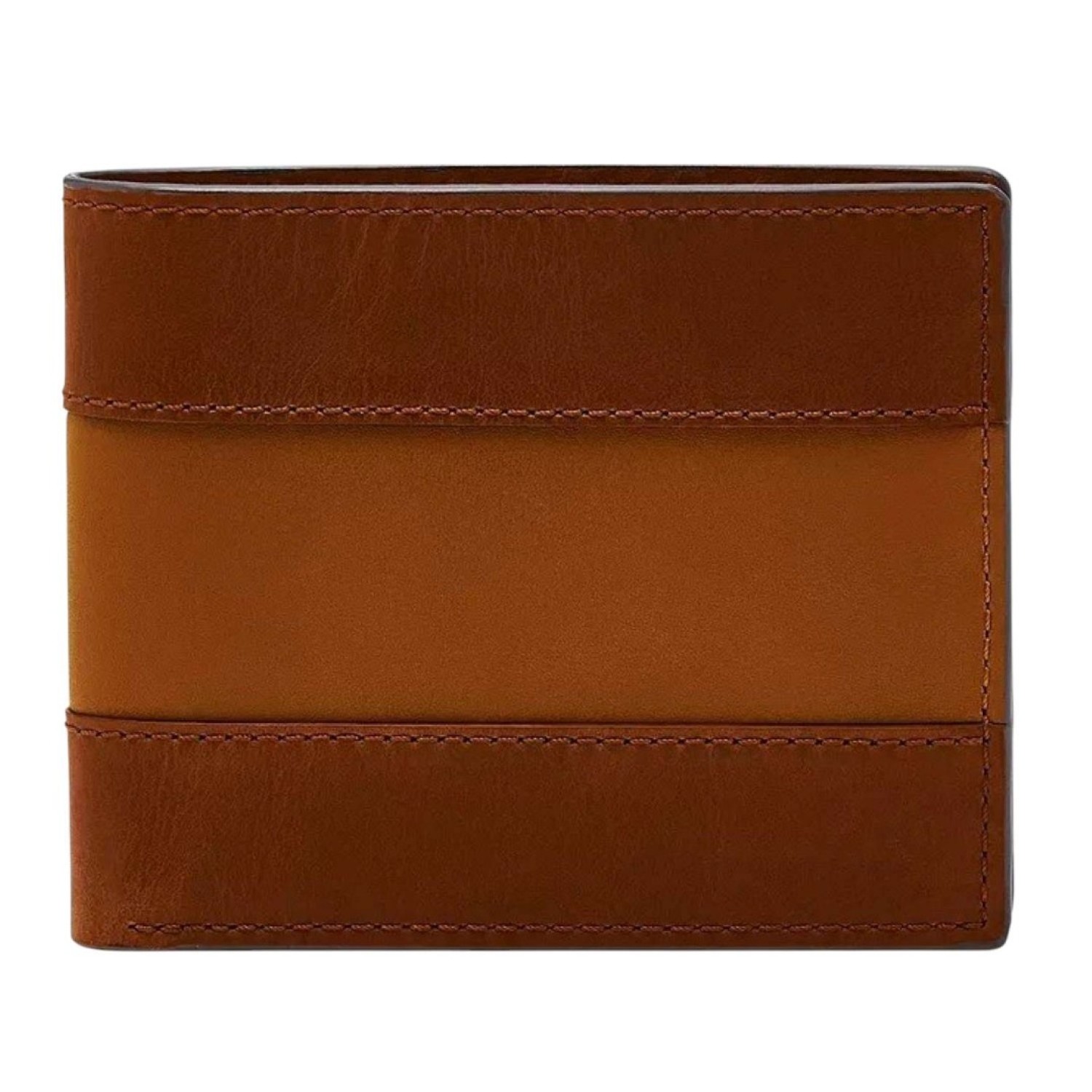 Everett Bifold with Flip ID - ML4397210 – Fossil Watches in New Zealand Everett Bifold with Flip ID - ML4397210: Open brown leather wallet featuring multiple compartments, including a transparent ID window and several card slots for organized storage