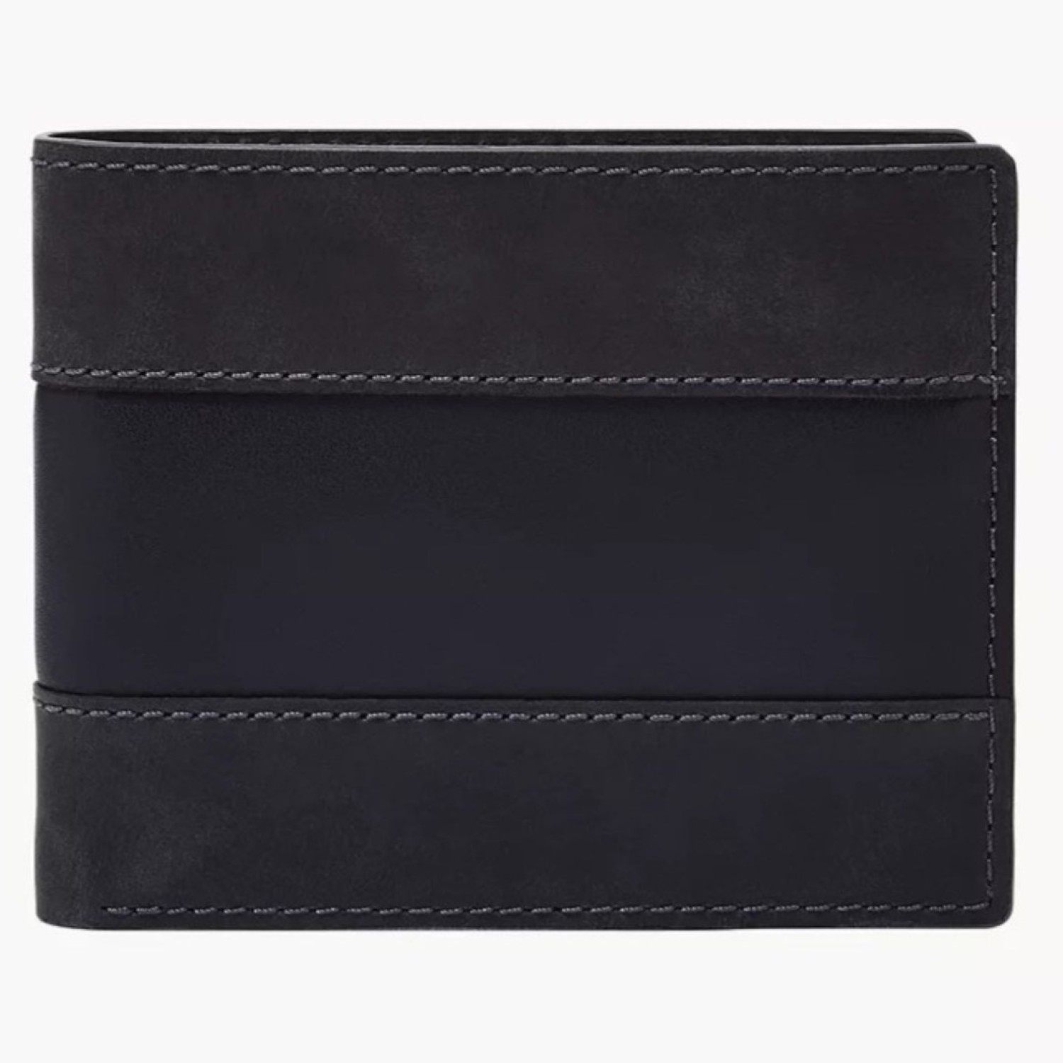 Everett Bifold with Flip ID - ML4397406 – Fossil Watches in New Zealand Everett Bifold with Flip ID - ML4397406: Open black leather wallet featuring multiple compartments, including a transparent ID window and several card slots for organized storage