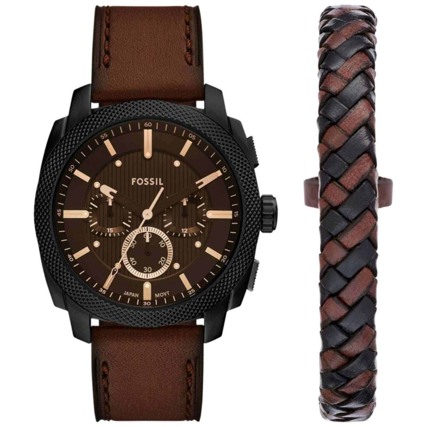 FS6102SET Fossil Machine Chronograph Brown Leather Watch and Bracelet Set – Fossil Watches in New Zealand - Buy Men’s and Women’s Watches Online - Free Delivery and Afterpay Options FS6102SET Fossil Machine Chronograph Brown Leather Watch and Bracelet Set by Fossil