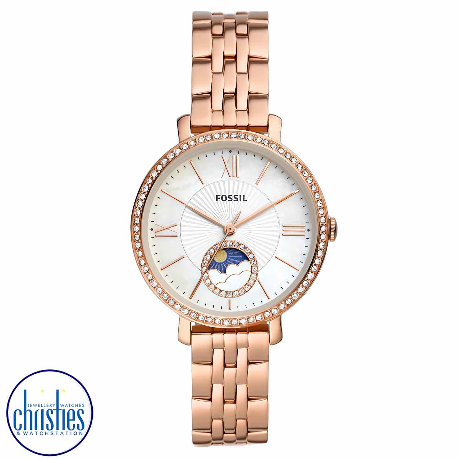 ES5165 Fossil Jacqueline Sun Moon Multifunction Rose Gold-Tone Stainless Steel Watch. ES5165 Fossil Jacqueline Sun Moon Multifunction Rose Gold-Tone Stainless Steel WatchAfterpay - Split your purchase into 4 instalments - Pay for your purchase over 4 inst